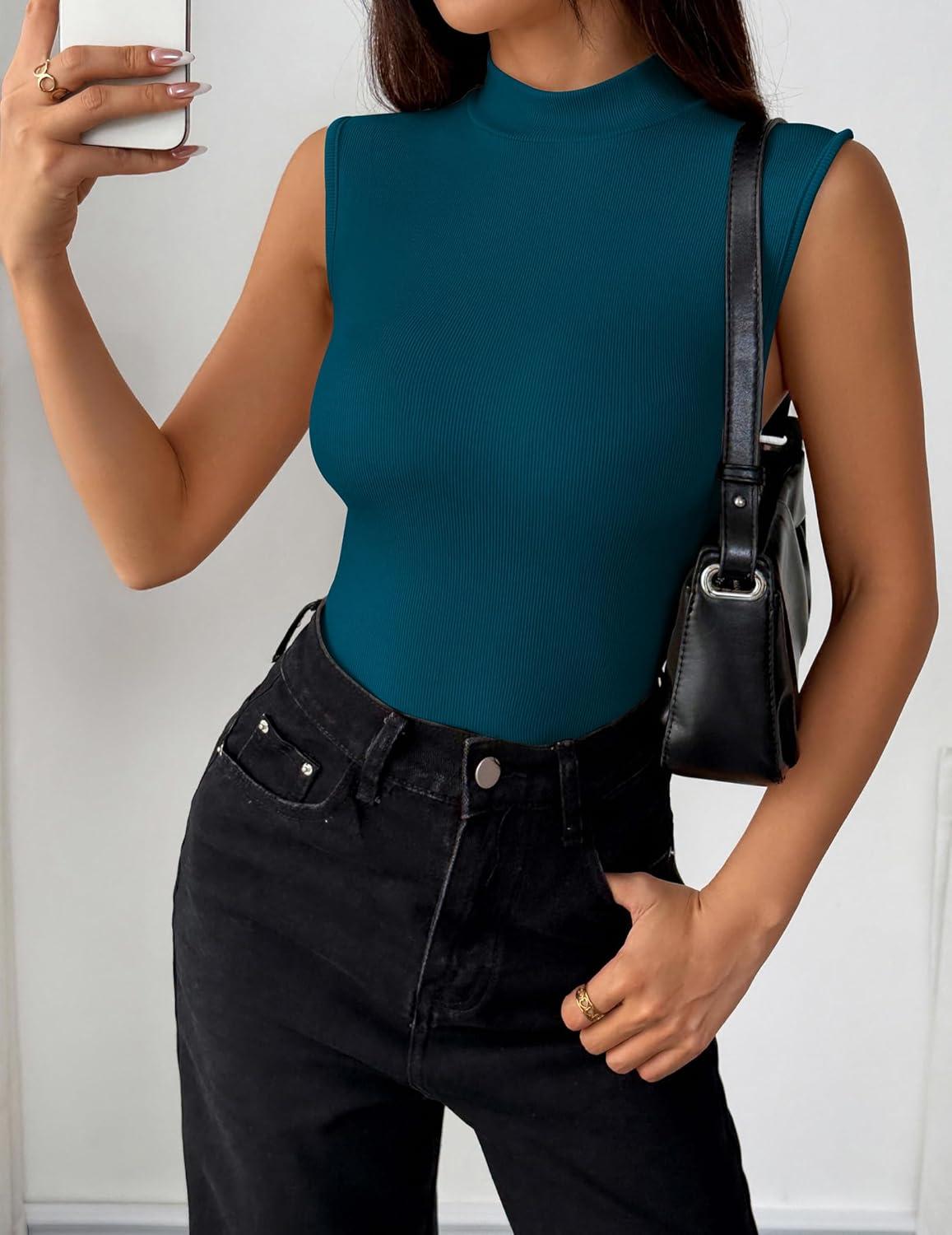imageZeagoo Womens Sleeveless Mock Turtleneck Tank Tops Slim Fit Stretch Ribbed Tops Casual Basic Layering Shirts 2026Blue Green