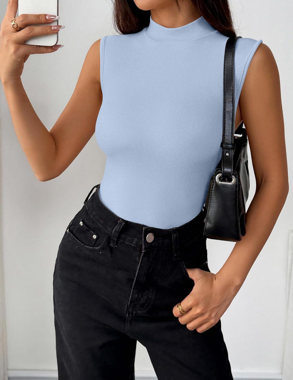 imageZeagoo Womens Sleeveless Mock Turtleneck Tank Tops Slim Fit Stretch Ribbed Tops Casual Basic Layering Shirts 2026Light Blue