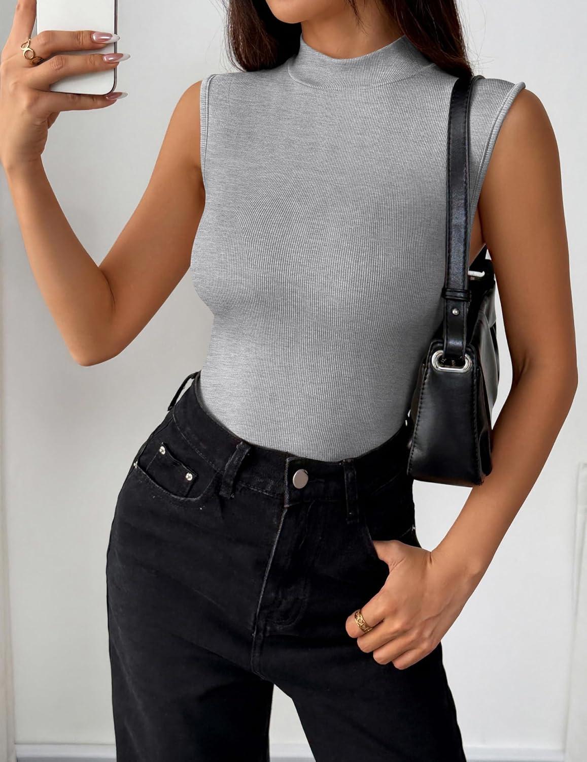 imageZeagoo Womens Sleeveless Mock Turtleneck Tank Tops Slim Fit Stretch Ribbed Tops Casual Basic Layering Shirts 2026Light Grey