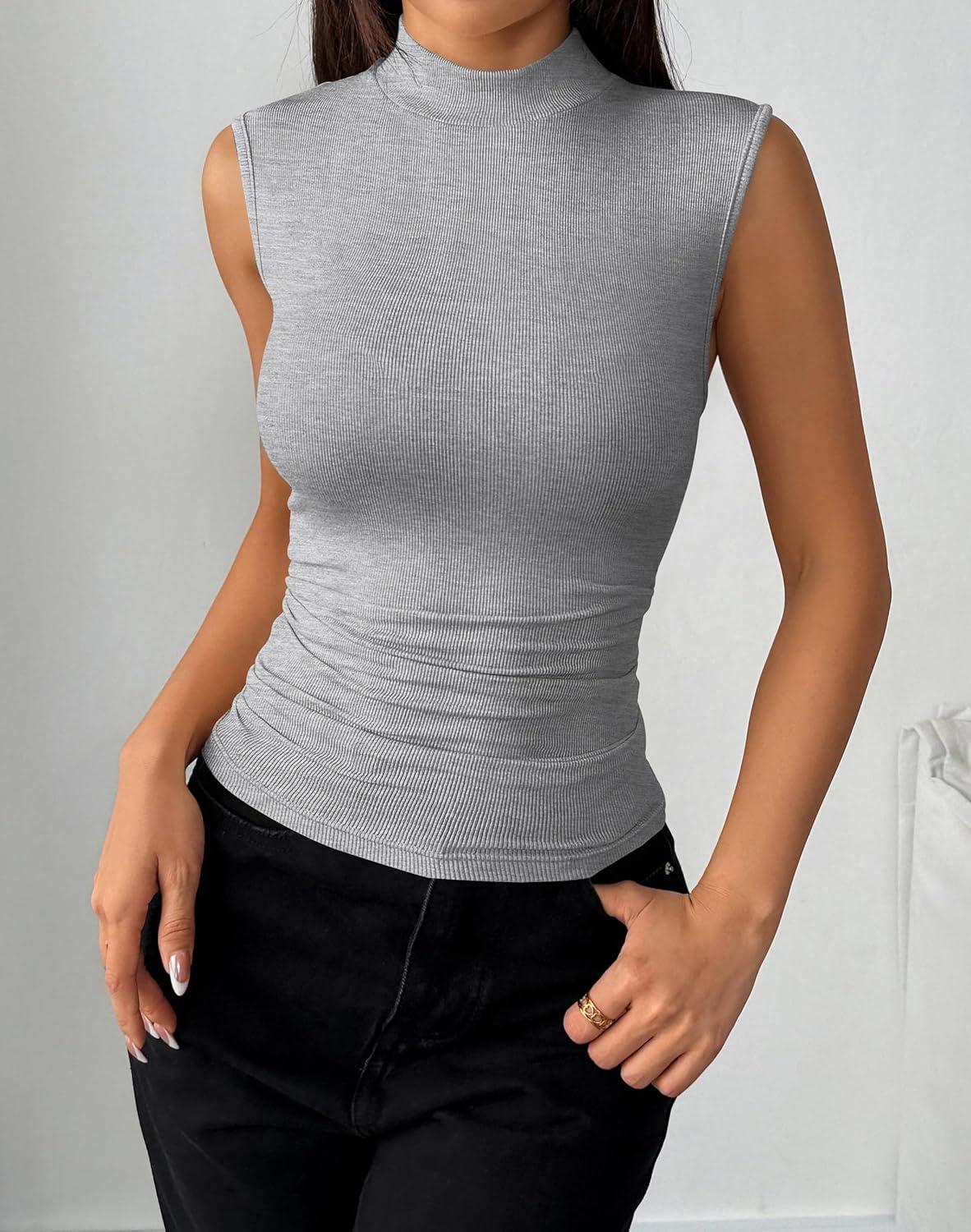 imageZeagoo Womens Sleeveless Mock Turtleneck Tank Tops Slim Fit Stretch Ribbed Tops Casual Basic Layering Shirts 2026Light Grey