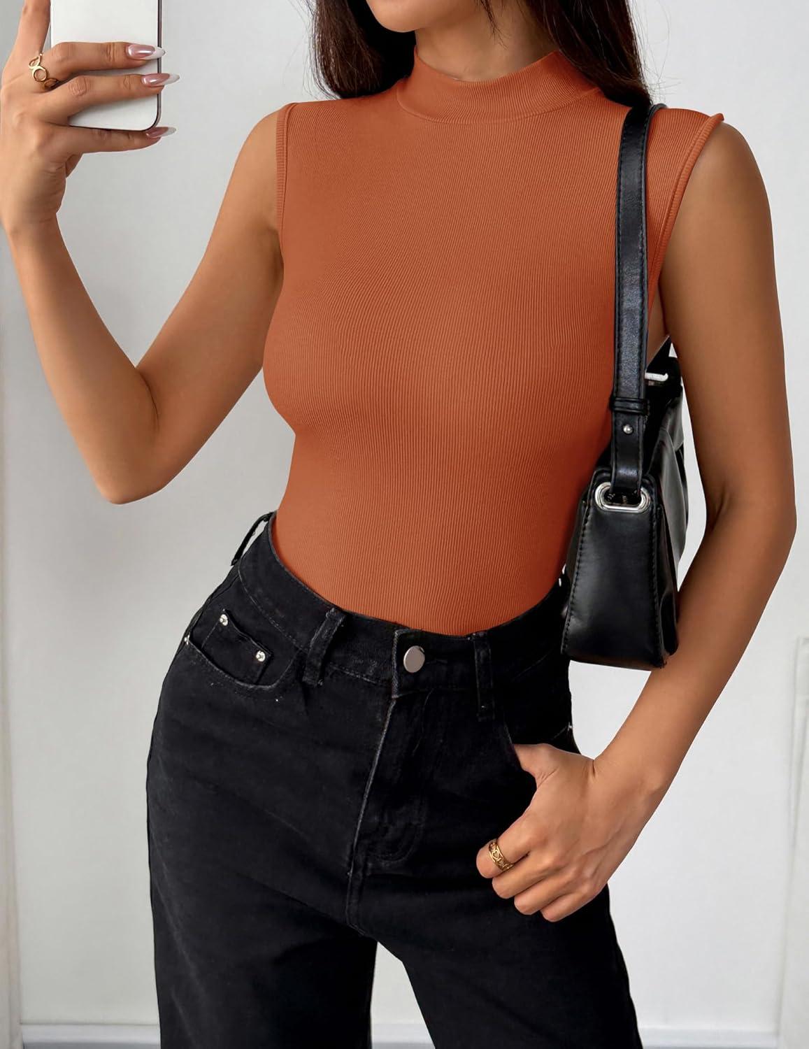 imageZeagoo Womens Sleeveless Mock Turtleneck Tank Tops Slim Fit Stretch Ribbed Tops Casual Basic Layering Shirts 2026Orange