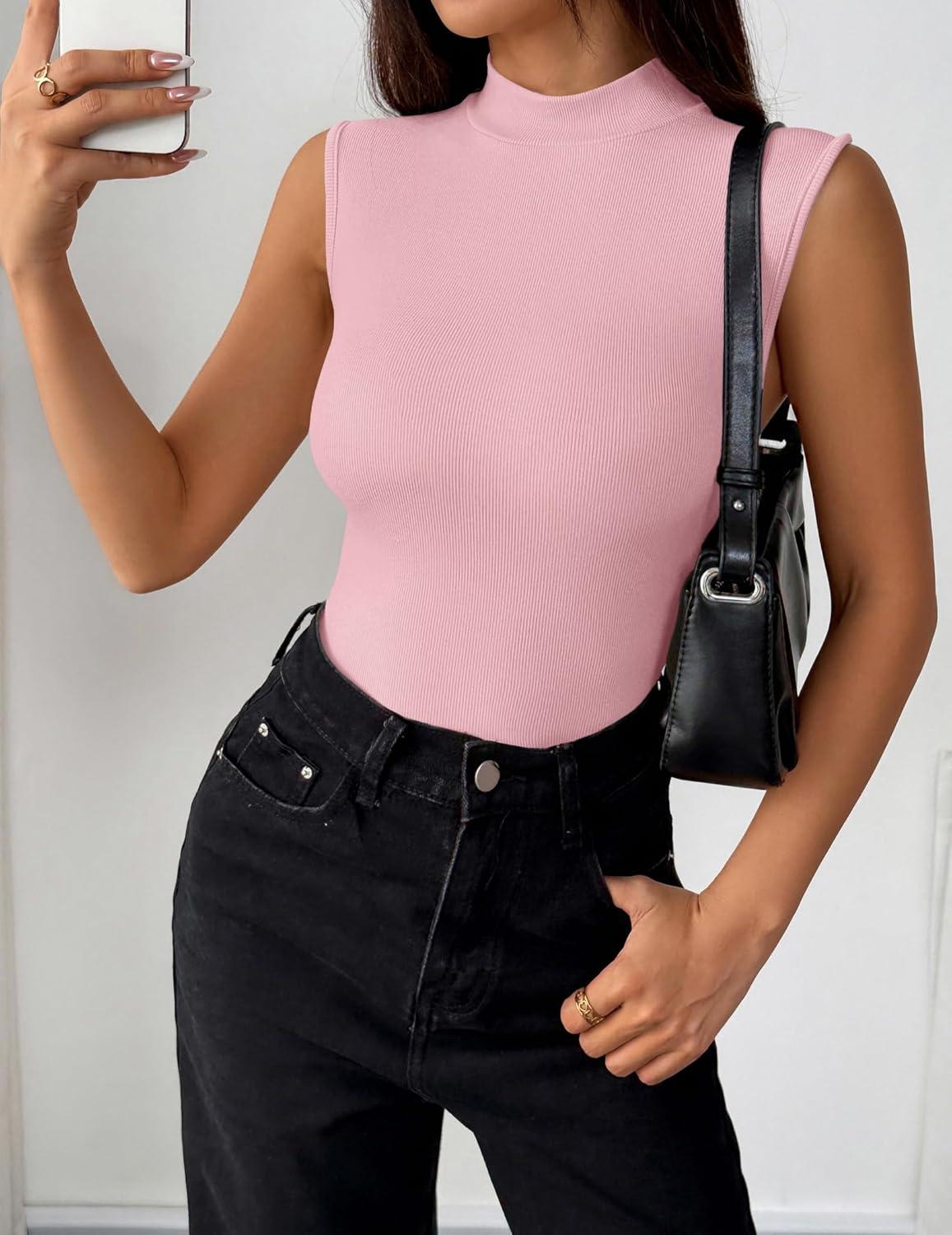 imageZeagoo Womens Sleeveless Mock Turtleneck Tank Tops Slim Fit Stretch Ribbed Tops Casual Basic Layering Shirts 2026Pink