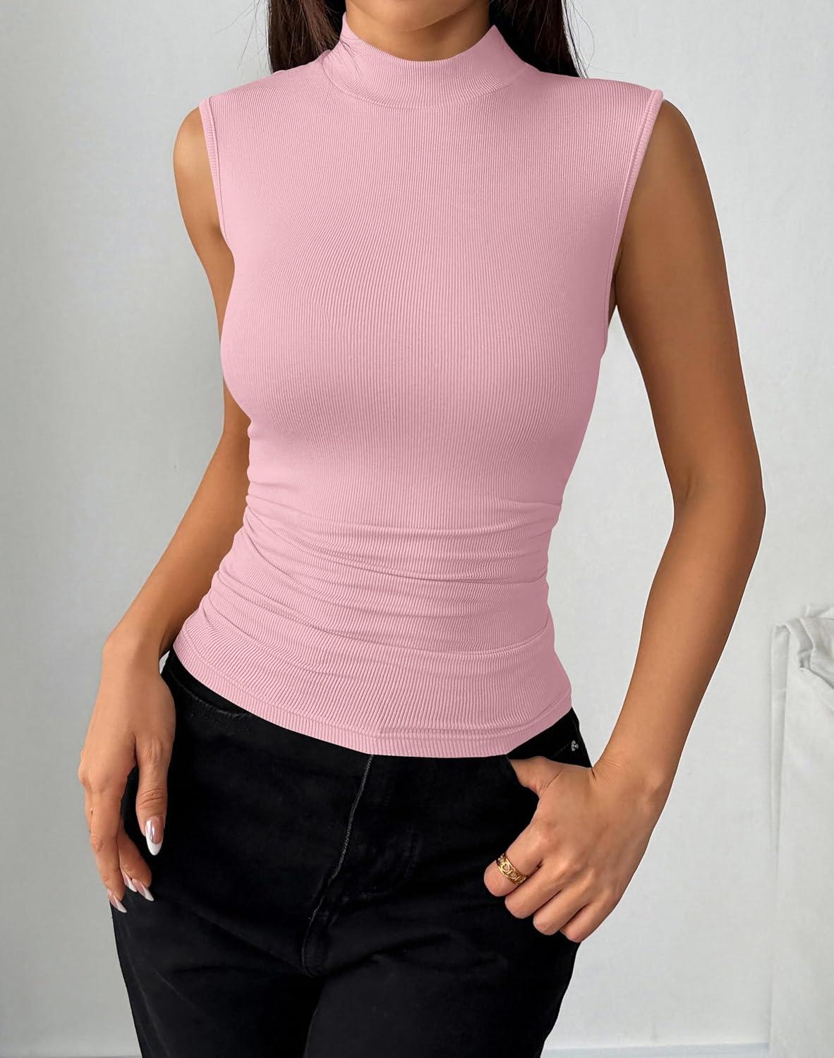 imageZeagoo Womens Sleeveless Mock Turtleneck Tank Tops Slim Fit Stretch Ribbed Tops Casual Basic Layering Shirts 2026Pink