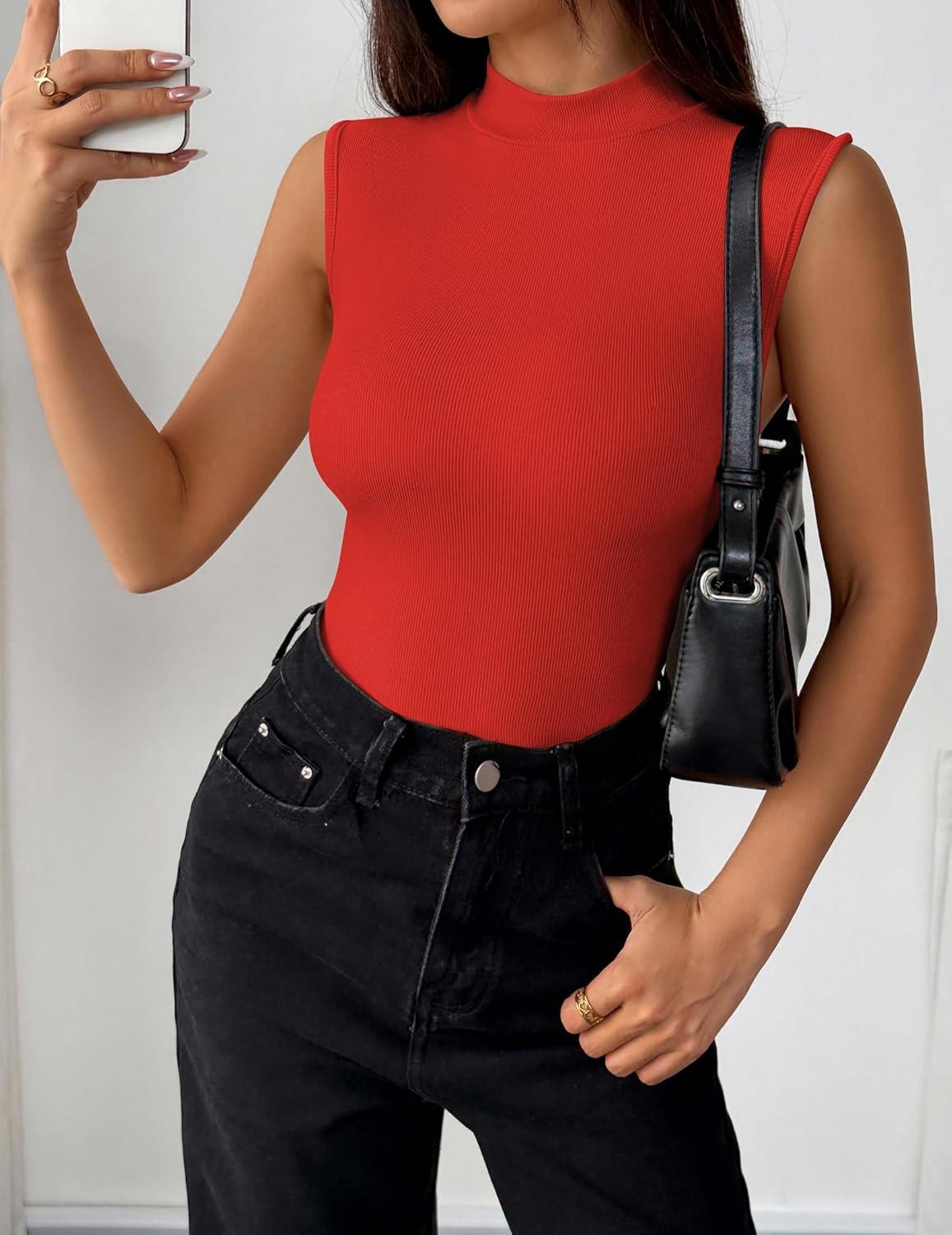 imageZeagoo Womens Sleeveless Mock Turtleneck Tank Tops Slim Fit Stretch Ribbed Tops Casual Basic Layering Shirts 2026Red