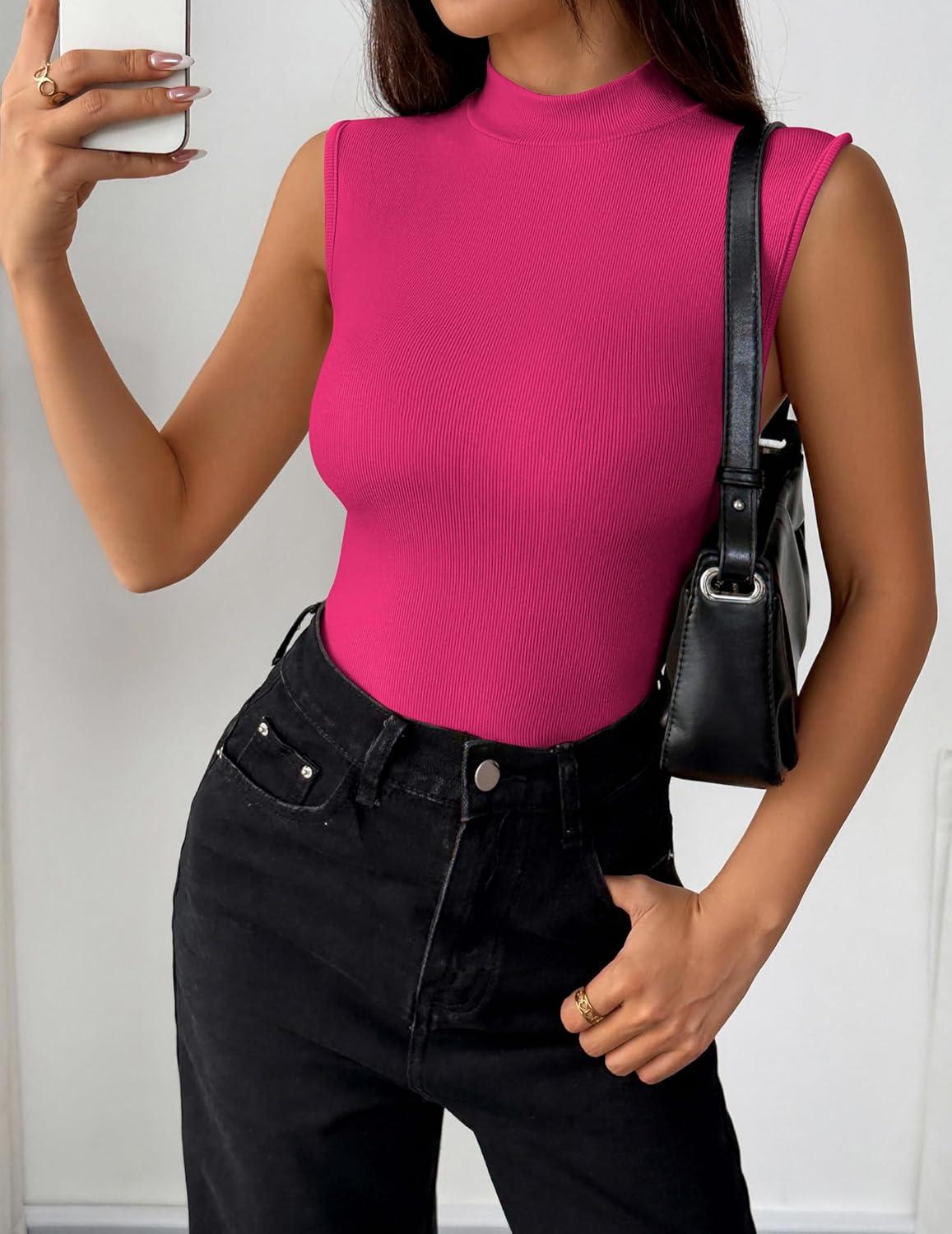imageZeagoo Womens Sleeveless Mock Turtleneck Tank Tops Slim Fit Stretch Ribbed Tops Casual Basic Layering Shirts 2026Rose Red