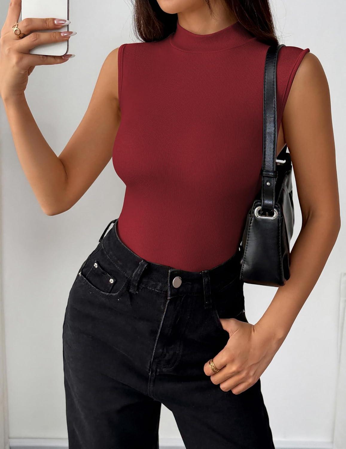 imageZeagoo Womens Sleeveless Mock Turtleneck Tank Tops Slim Fit Stretch Ribbed Tops Casual Basic Layering Shirts 2026Wine Red