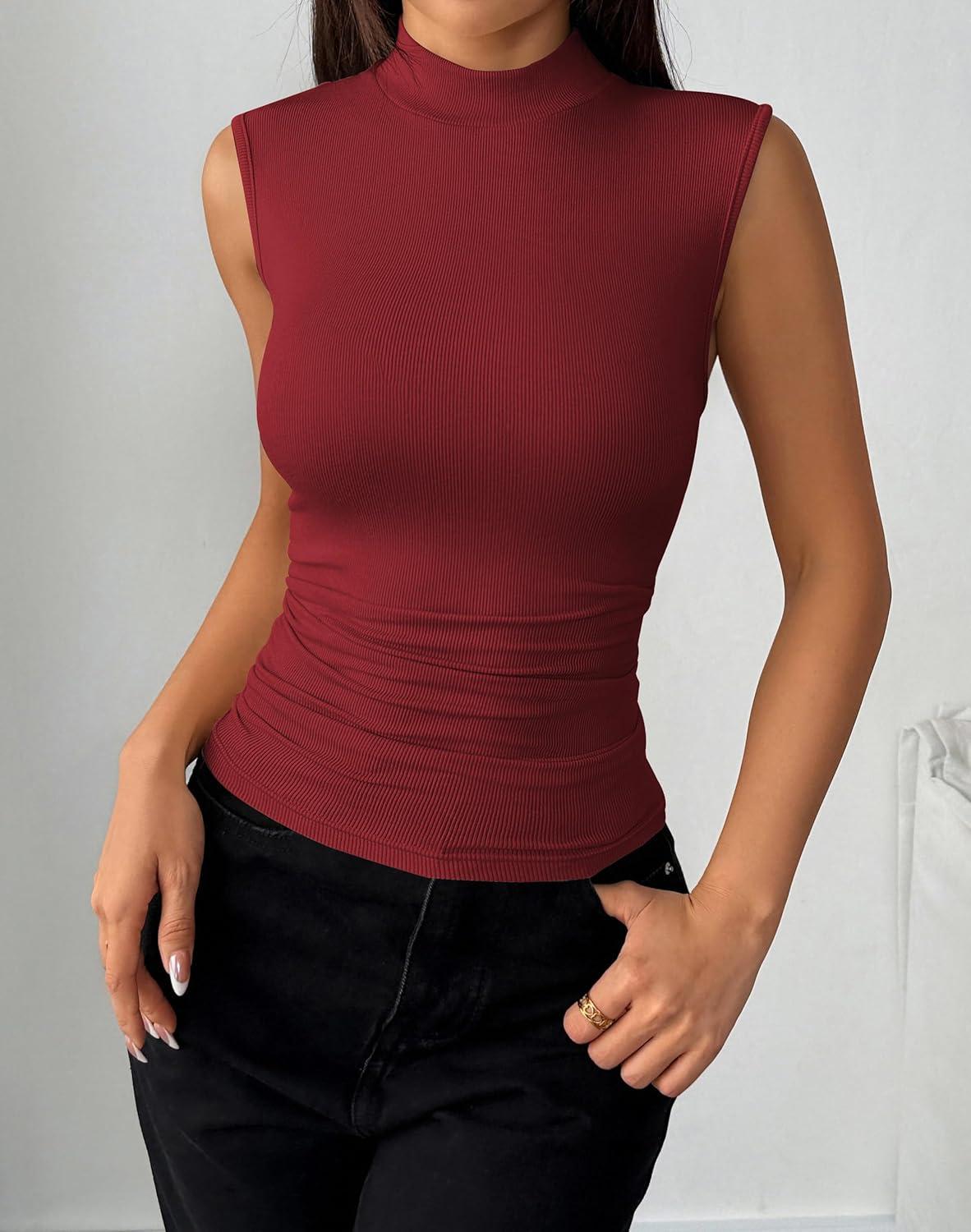 imageZeagoo Womens Sleeveless Mock Turtleneck Tank Tops Slim Fit Stretch Ribbed Tops Casual Basic Layering Shirts 2026Wine Red