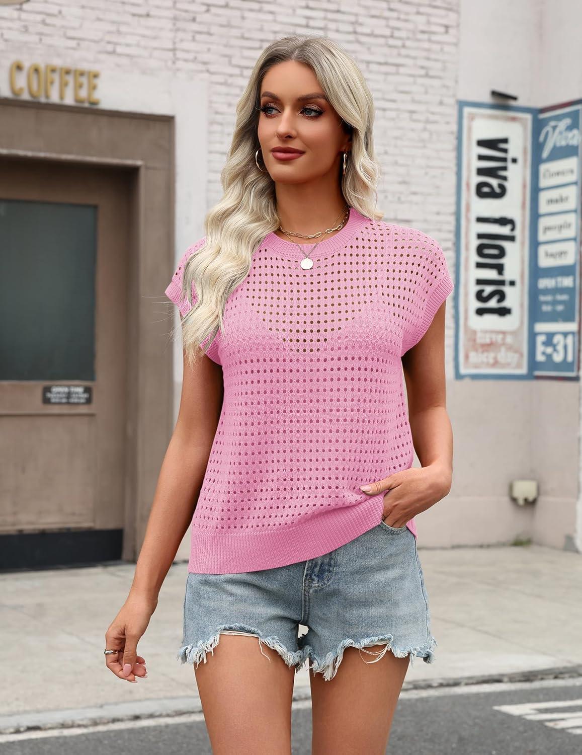 imageZeagoo Womens Spring Summer Crochet Tops Cap Sleeve Sweater Vest Hollow Out Pullover Shirts Beach Vacation ClothesPink