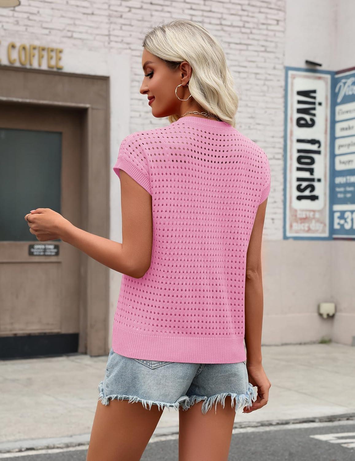 imageZeagoo Womens Spring Summer Crochet Tops Cap Sleeve Sweater Vest Hollow Out Pullover Shirts Beach Vacation ClothesPink