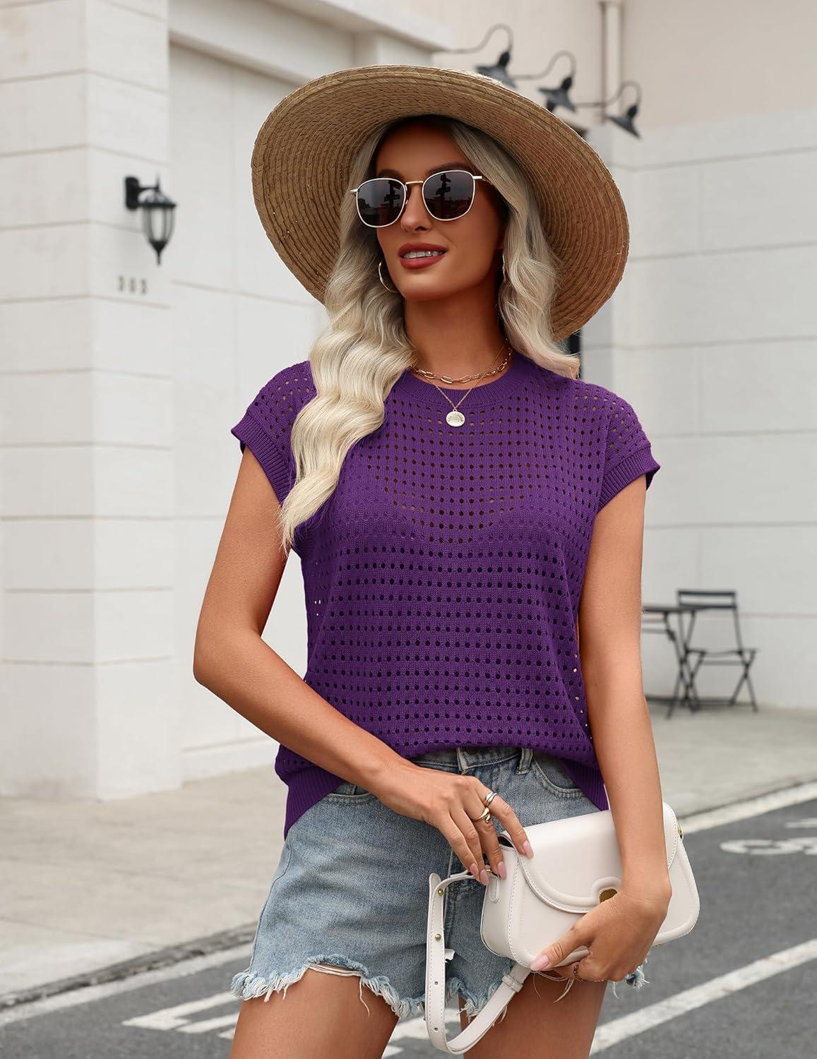 imageZeagoo Womens Spring Summer Crochet Tops Cap Sleeve Sweater Vest Hollow Out Pullover Shirts Beach Vacation ClothesPurple