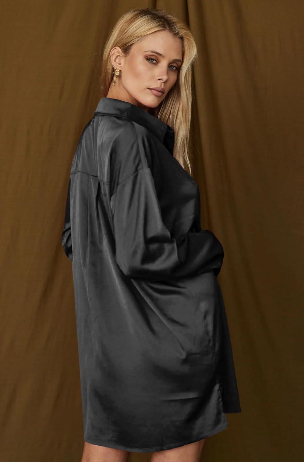 imageZeagoo Womens Stain Long Sleeve Dress Button Down Shirts Tunic Dresses Casual VNeck Mini Dress with Belt01black