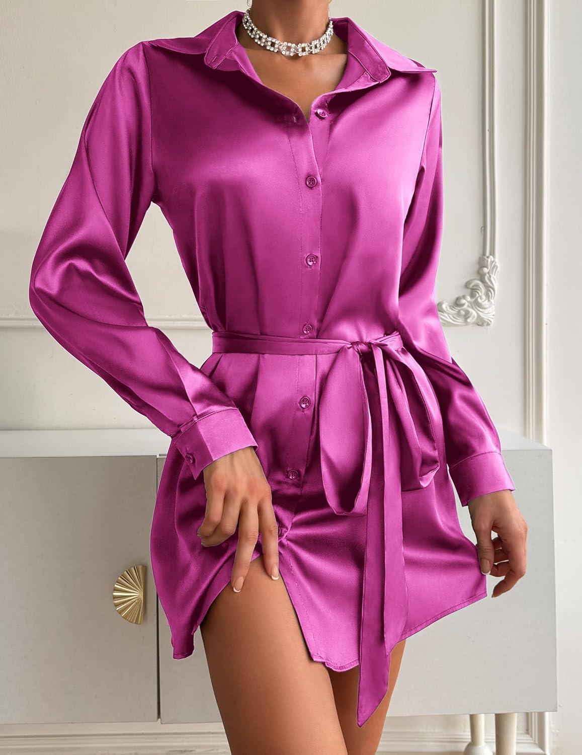 imageZeagoo Womens Stain Long Sleeve Dress Button Down Shirts Tunic Dresses Casual VNeck Mini Dress with Belt01hot Pink