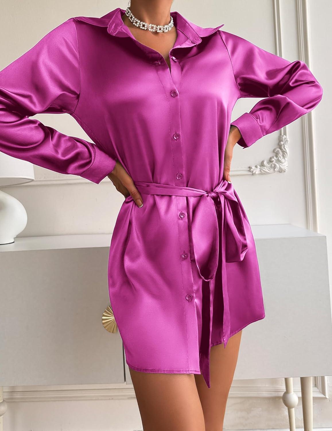 imageZeagoo Womens Stain Long Sleeve Dress Button Down Shirts Tunic Dresses Casual VNeck Mini Dress with Belt01hot Pink