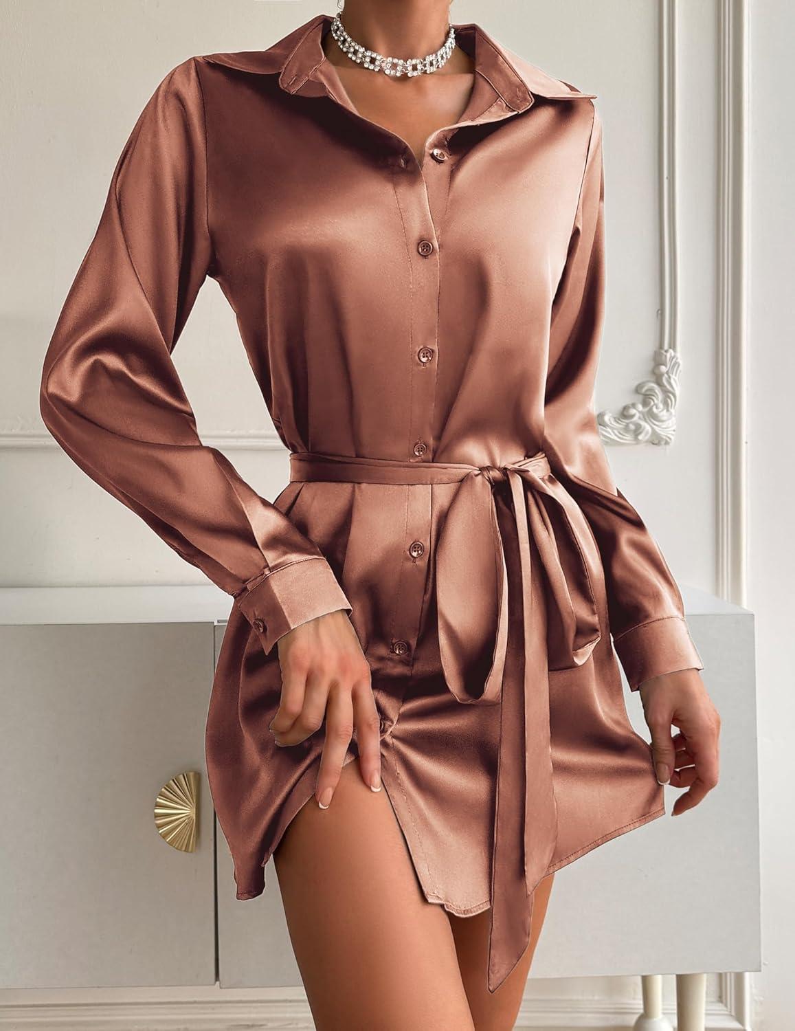 imageZeagoo Womens Stain Long Sleeve Dress Button Down Shirts Tunic Dresses Casual VNeck Mini Dress with BeltBrown