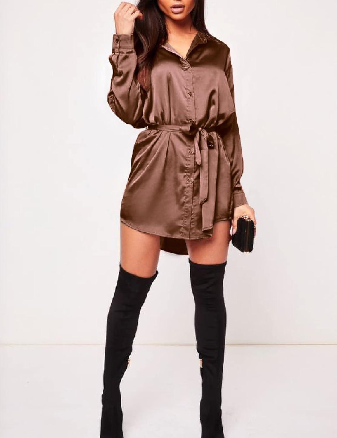 imageZeagoo Womens Stain Long Sleeve Dress Button Down Shirts Tunic Dresses Casual VNeck Mini Dress with BeltBrown