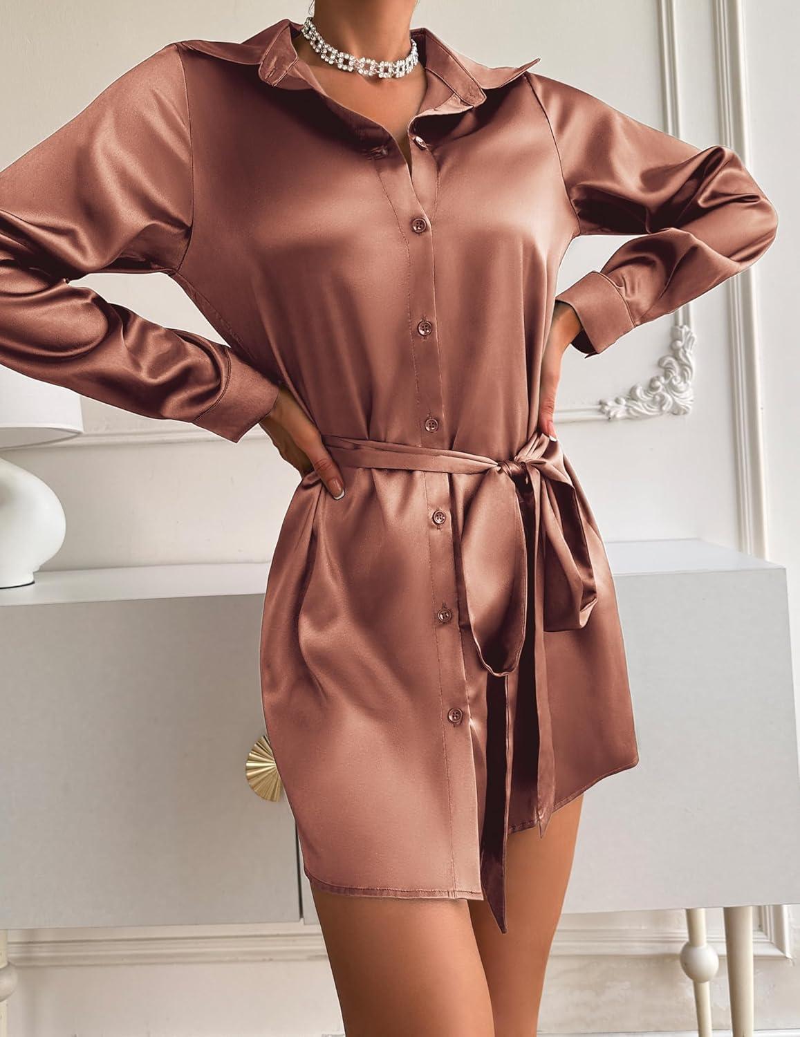 imageZeagoo Womens Stain Long Sleeve Dress Button Down Shirts Tunic Dresses Casual VNeck Mini Dress with BeltBrown