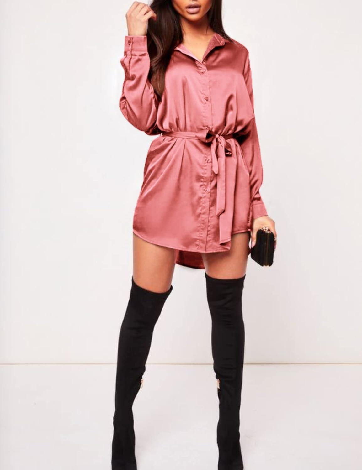 imageZeagoo Womens Stain Long Sleeve Dress Button Down Shirts Tunic Dresses Casual VNeck Mini Dress with BeltDeep Pink