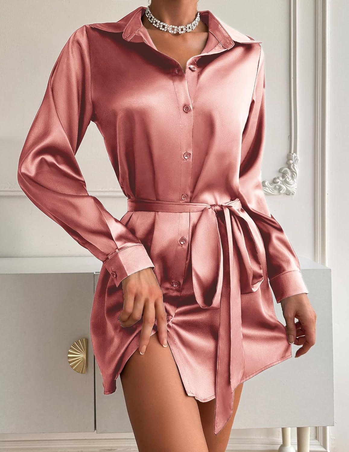 imageZeagoo Womens Stain Long Sleeve Dress Button Down Shirts Tunic Dresses Casual VNeck Mini Dress with BeltDeep Pink