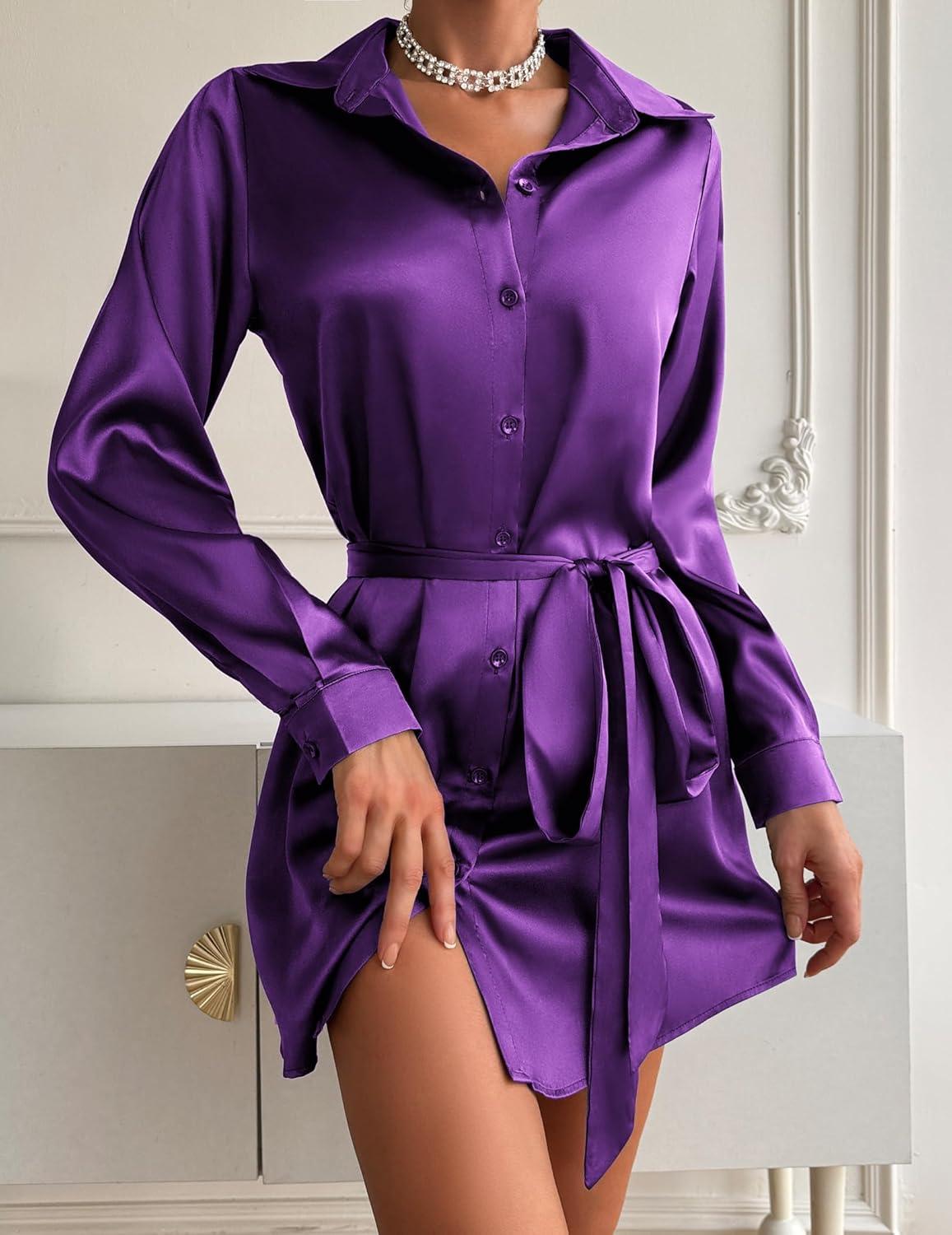 imageZeagoo Womens Stain Long Sleeve Dress Button Down Shirts Tunic Dresses Casual VNeck Mini Dress with BeltDeep Purple