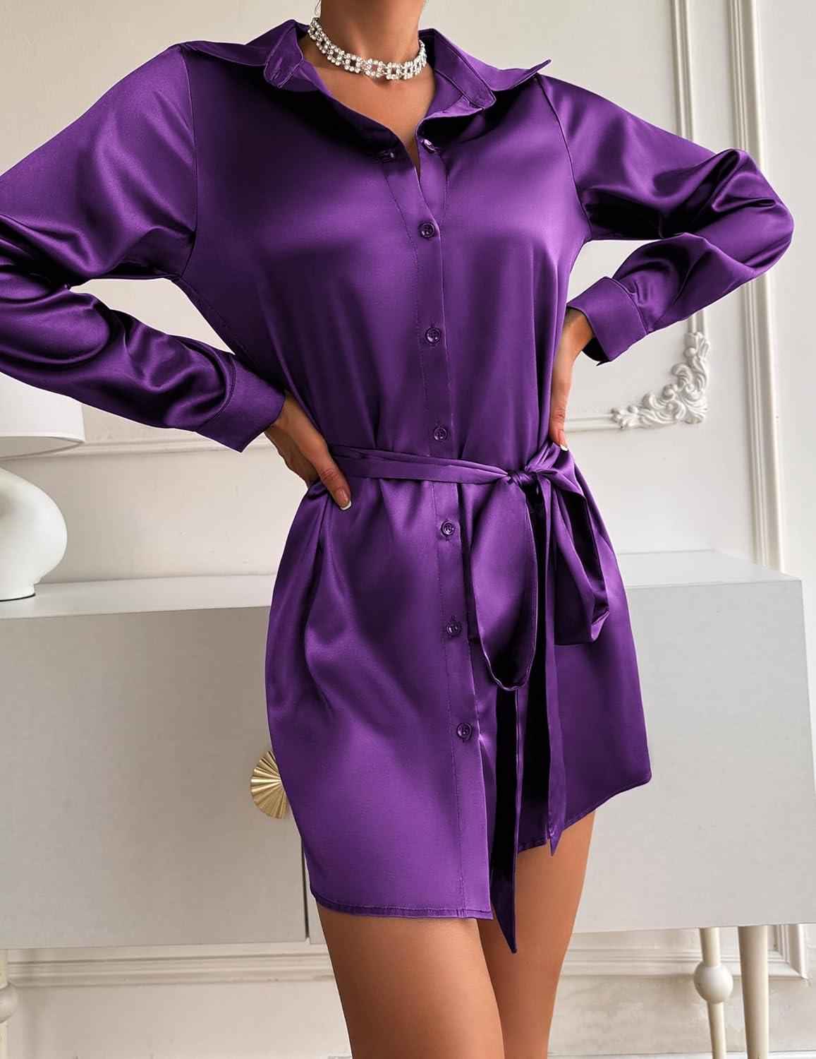 imageZeagoo Womens Stain Long Sleeve Dress Button Down Shirts Tunic Dresses Casual VNeck Mini Dress with BeltDeep Purple
