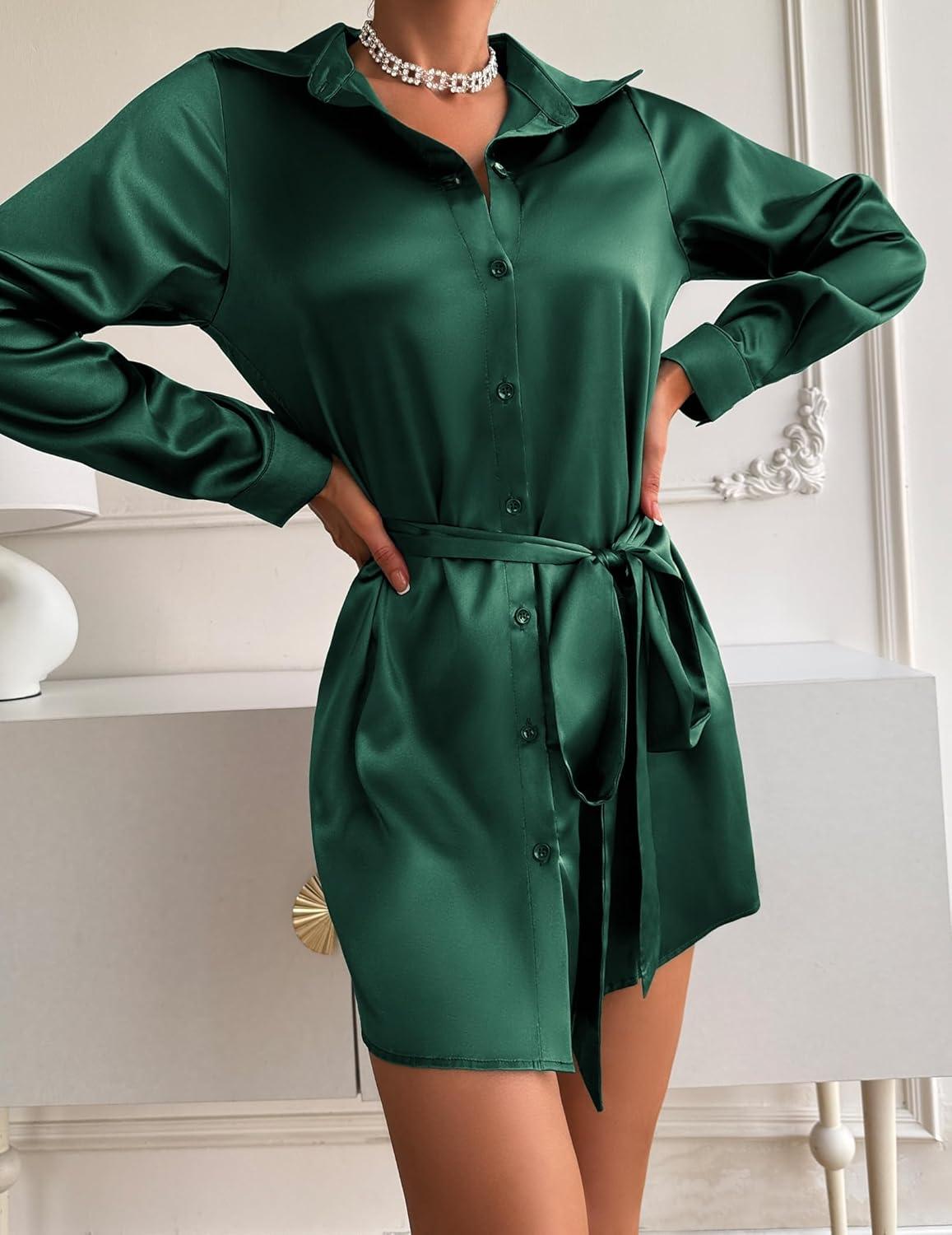 imageZeagoo Womens Stain Long Sleeve Dress Button Down Shirts Tunic Dresses Casual VNeck Mini Dress with BeltGreen