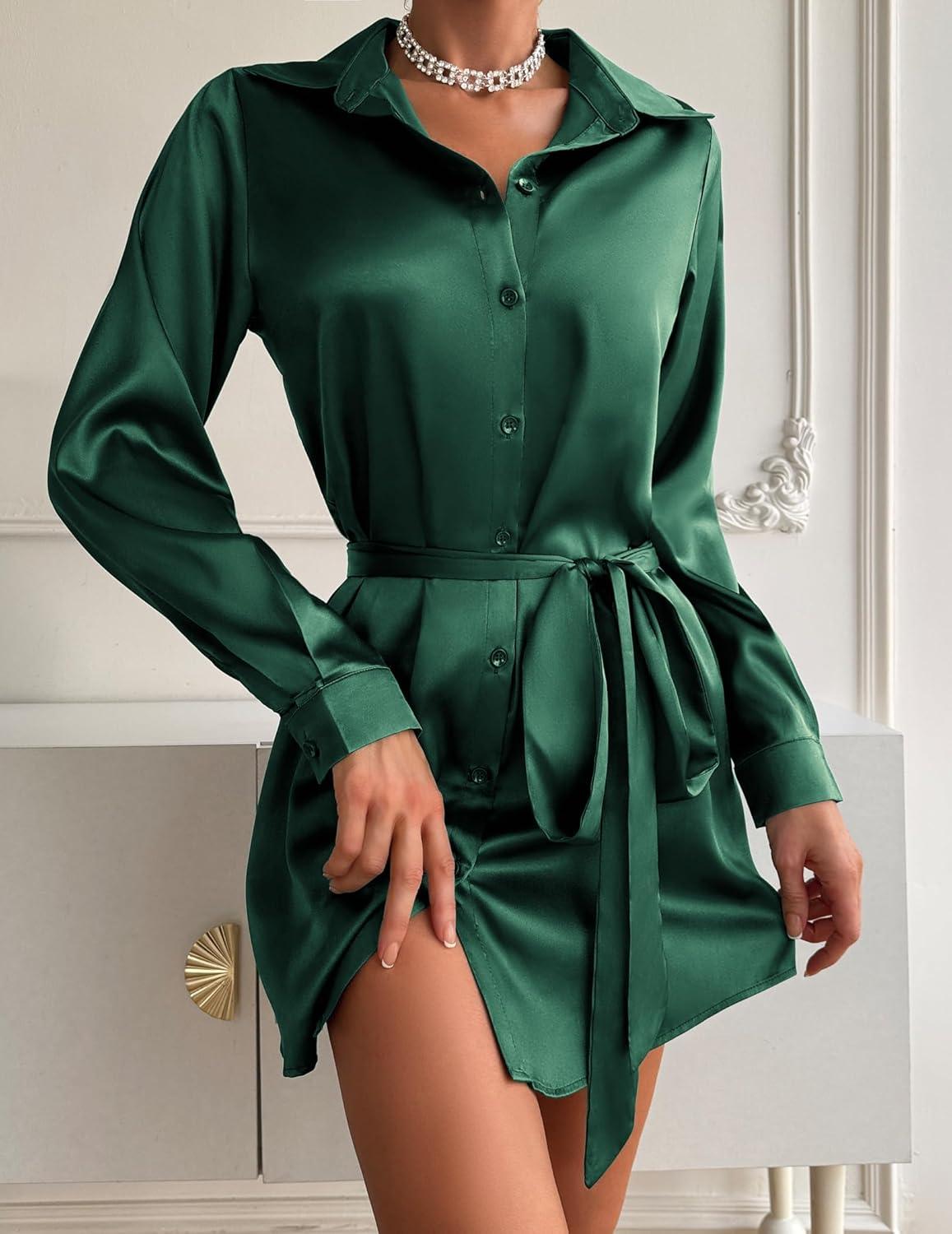 imageZeagoo Womens Stain Long Sleeve Dress Button Down Shirts Tunic Dresses Casual VNeck Mini Dress with BeltGreen