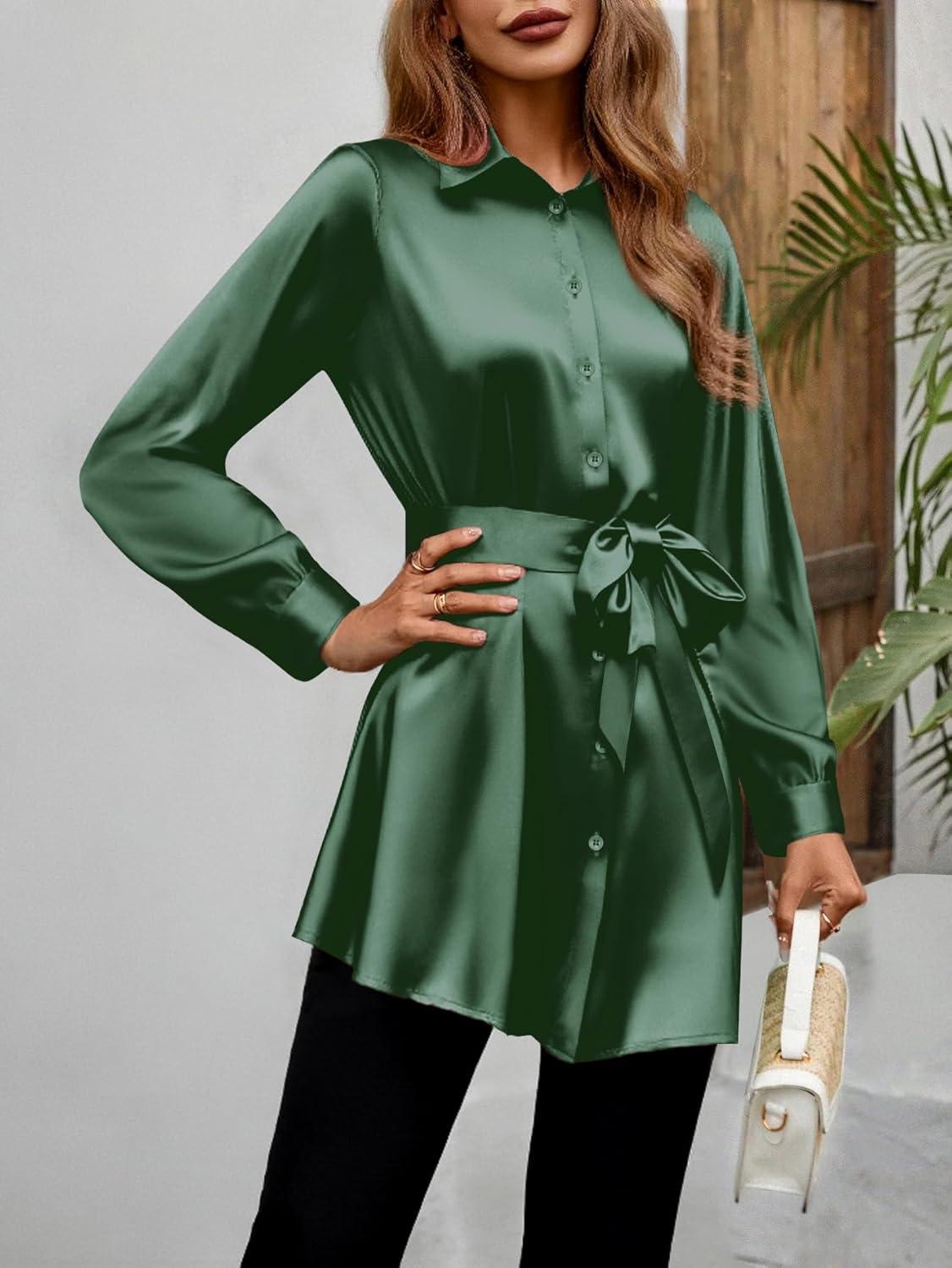 imageZeagoo Womens Stain Long Sleeve Dress Button Down Shirts Tunic Dresses Casual VNeck Mini Dress with BeltGreen