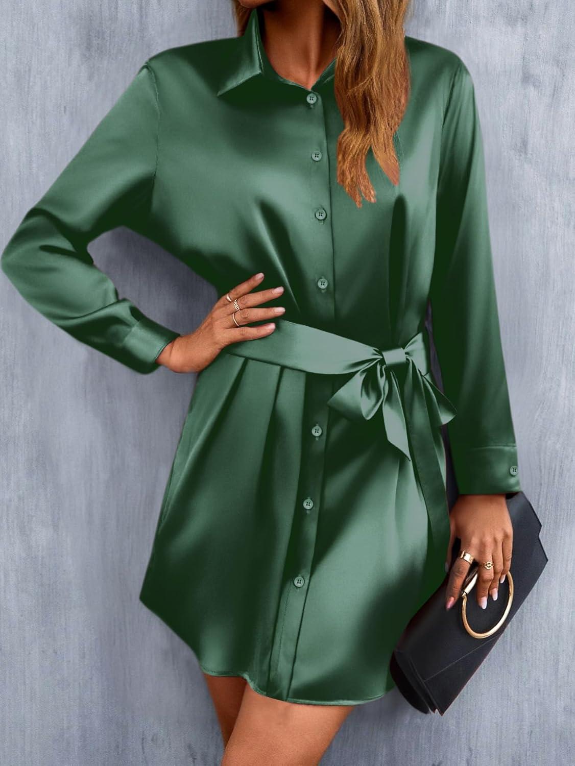 imageZeagoo Womens Stain Long Sleeve Dress Button Down Shirts Tunic Dresses Casual VNeck Mini Dress with BeltGreen