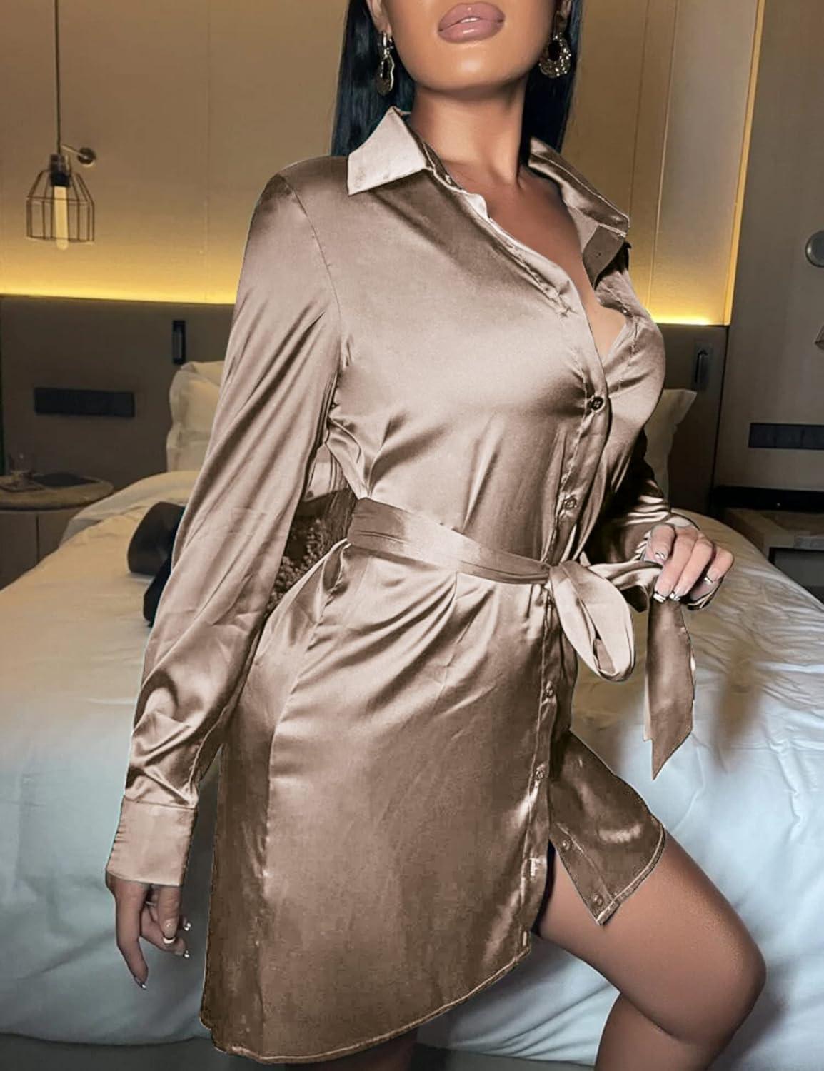 imageZeagoo Womens Stain Long Sleeve Dress Button Down Shirts Tunic Dresses Casual VNeck Mini Dress with BeltKhaki