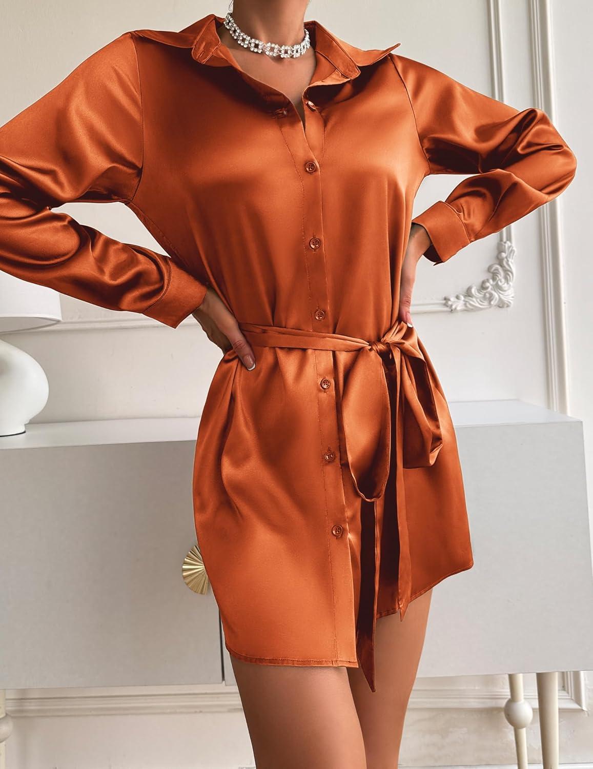 imageZeagoo Womens Stain Long Sleeve Dress Button Down Shirts Tunic Dresses Casual VNeck Mini Dress with BeltOrange
