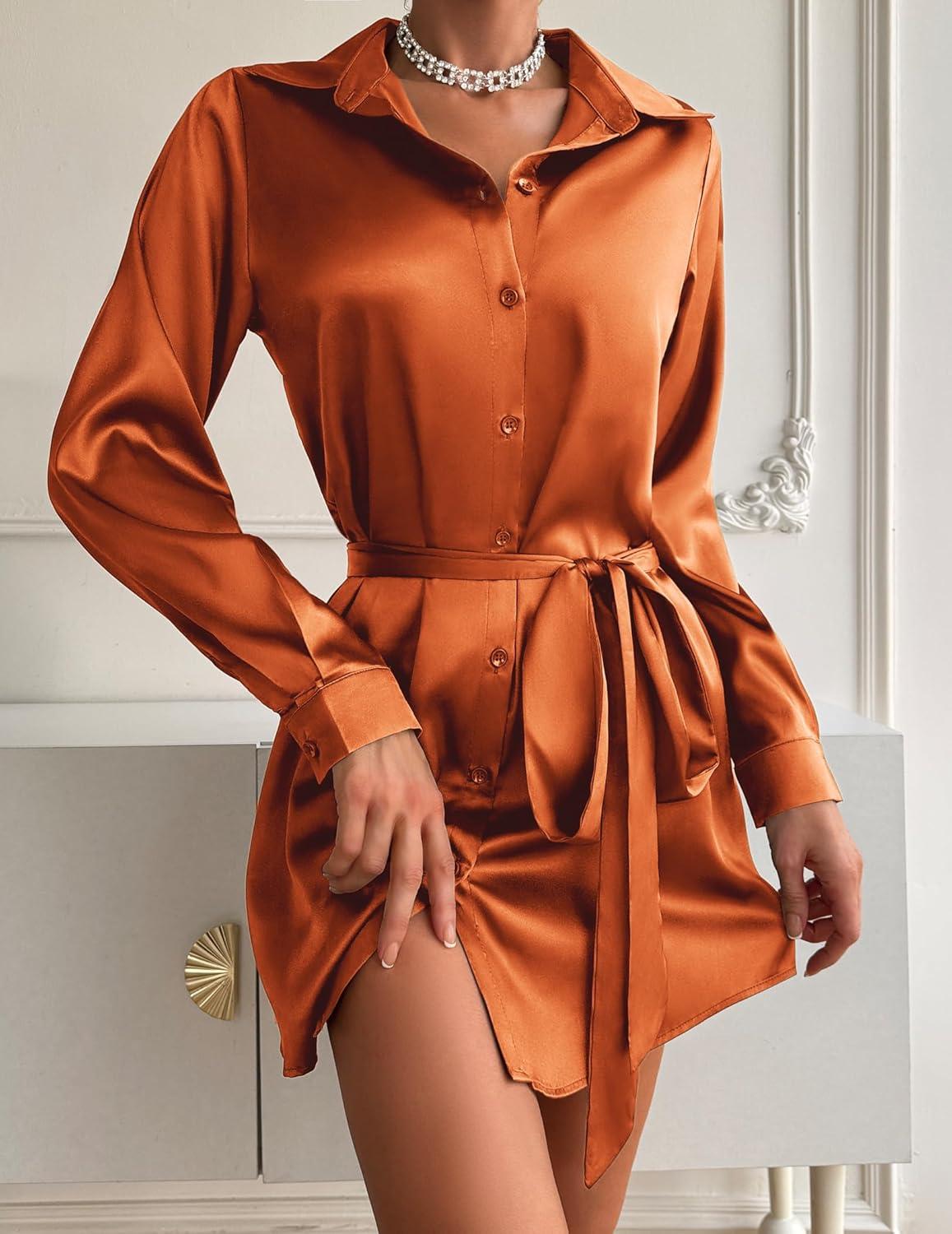 imageZeagoo Womens Stain Long Sleeve Dress Button Down Shirts Tunic Dresses Casual VNeck Mini Dress with BeltOrange