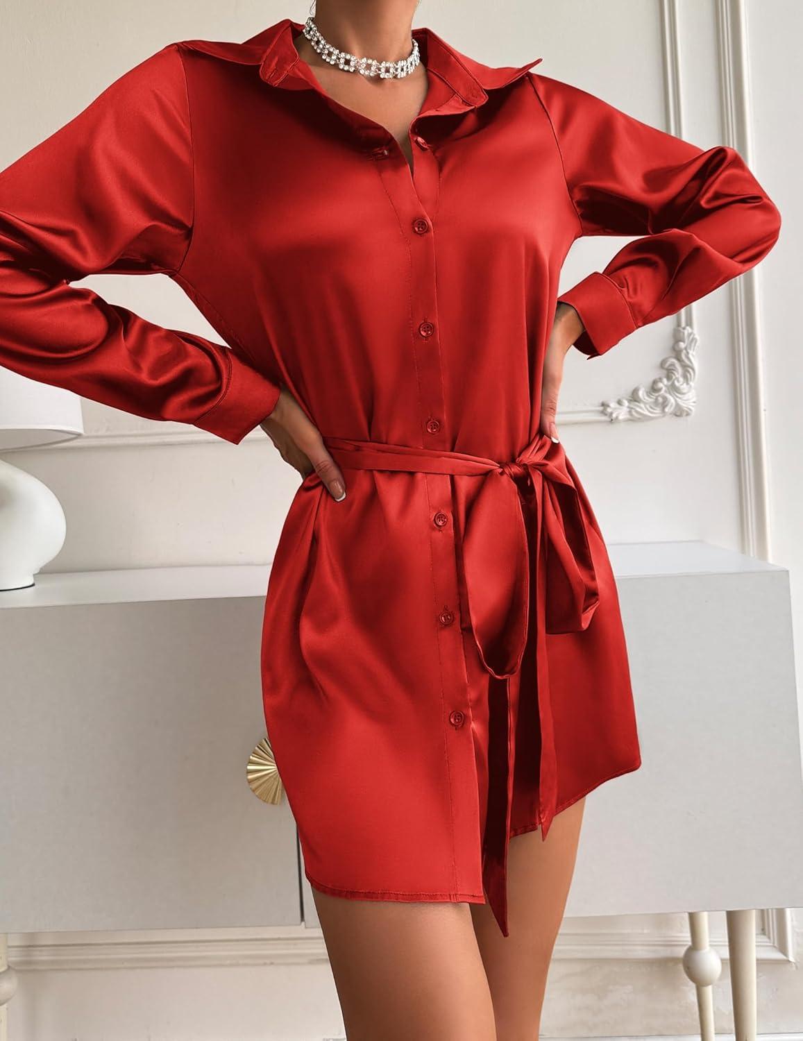 imageZeagoo Womens Stain Long Sleeve Dress Button Down Shirts Tunic Dresses Casual VNeck Mini Dress with BeltRed