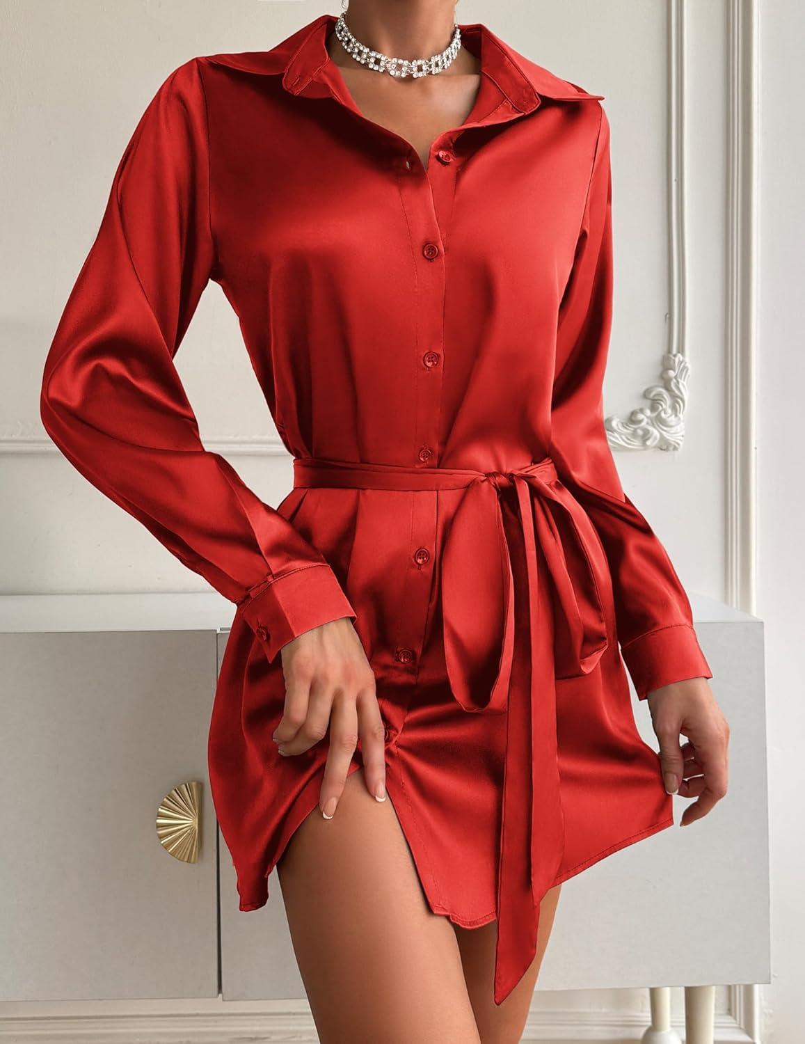 imageZeagoo Womens Stain Long Sleeve Dress Button Down Shirts Tunic Dresses Casual VNeck Mini Dress with BeltRed
