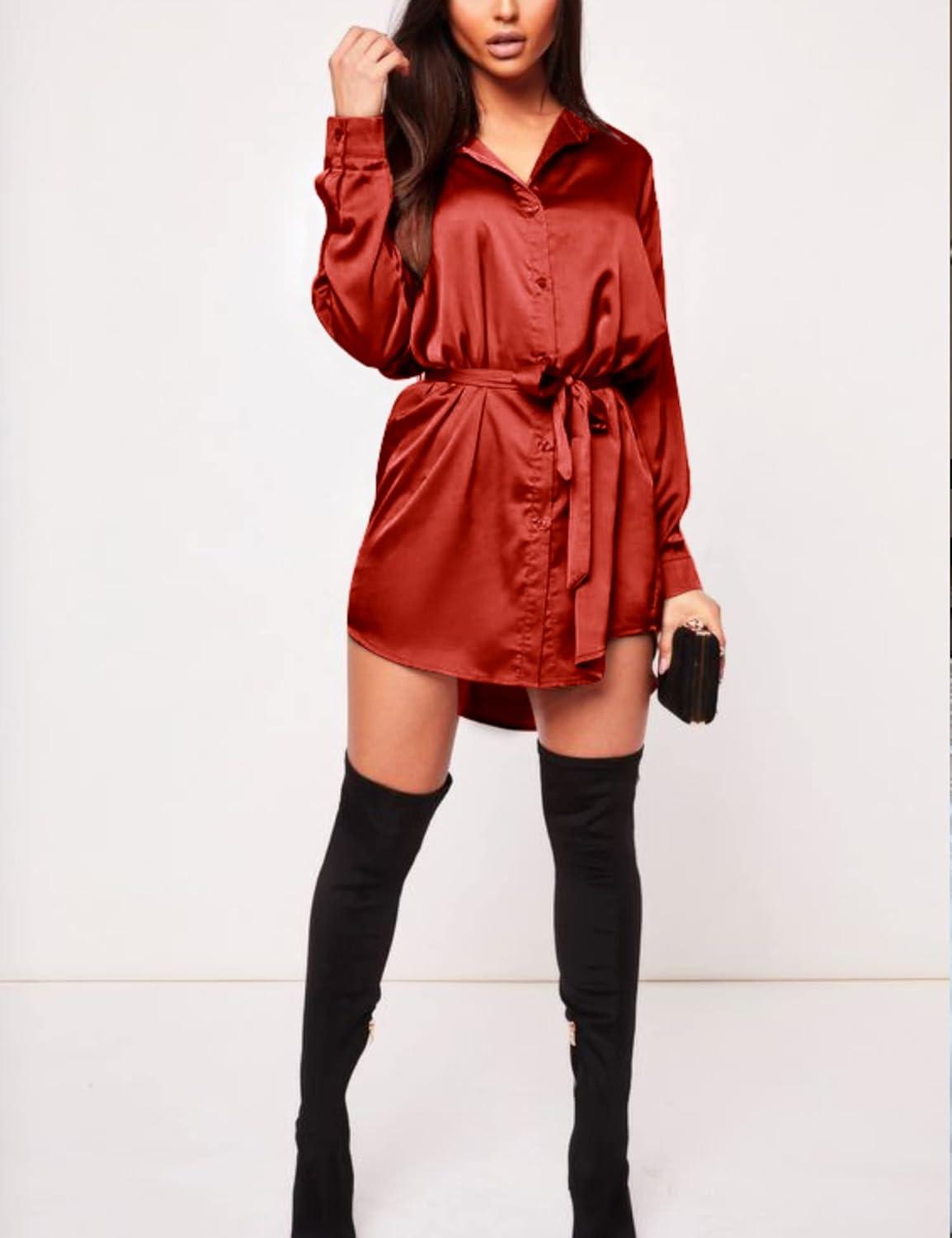imageZeagoo Womens Stain Long Sleeve Dress Button Down Shirts Tunic Dresses Casual VNeck Mini Dress with BeltRed