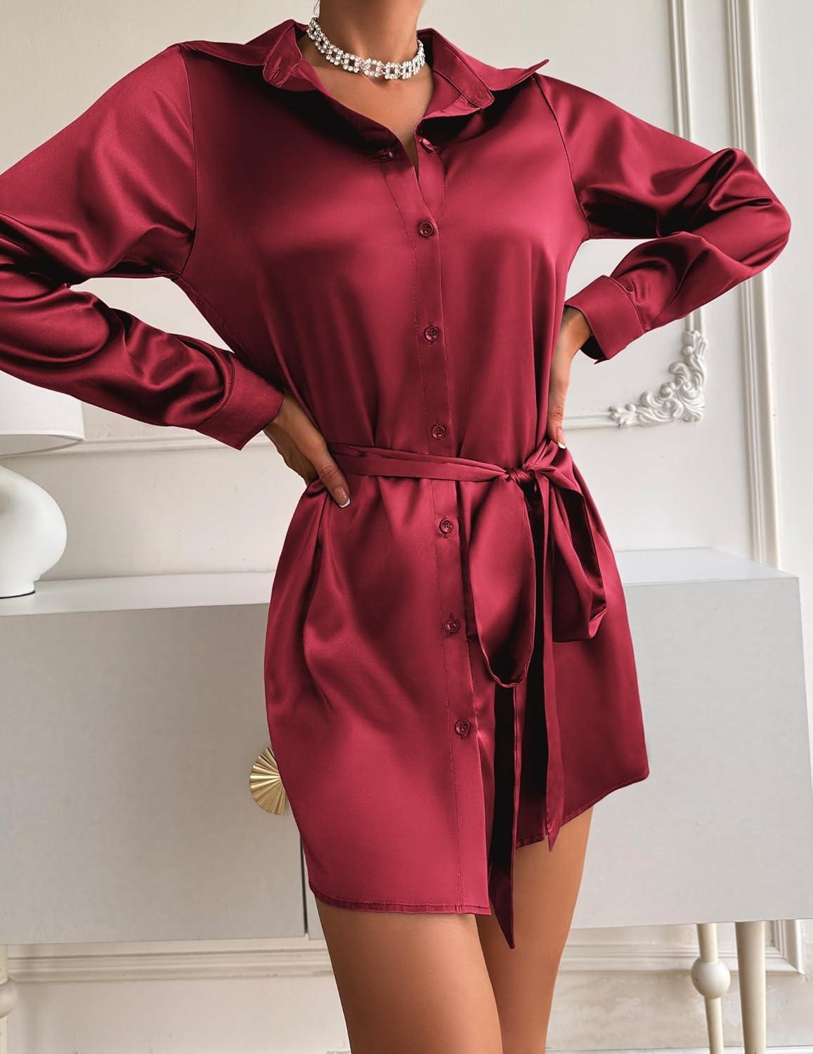 imageZeagoo Womens Stain Long Sleeve Dress Button Down Shirts Tunic Dresses Casual VNeck Mini Dress with BeltWine Red