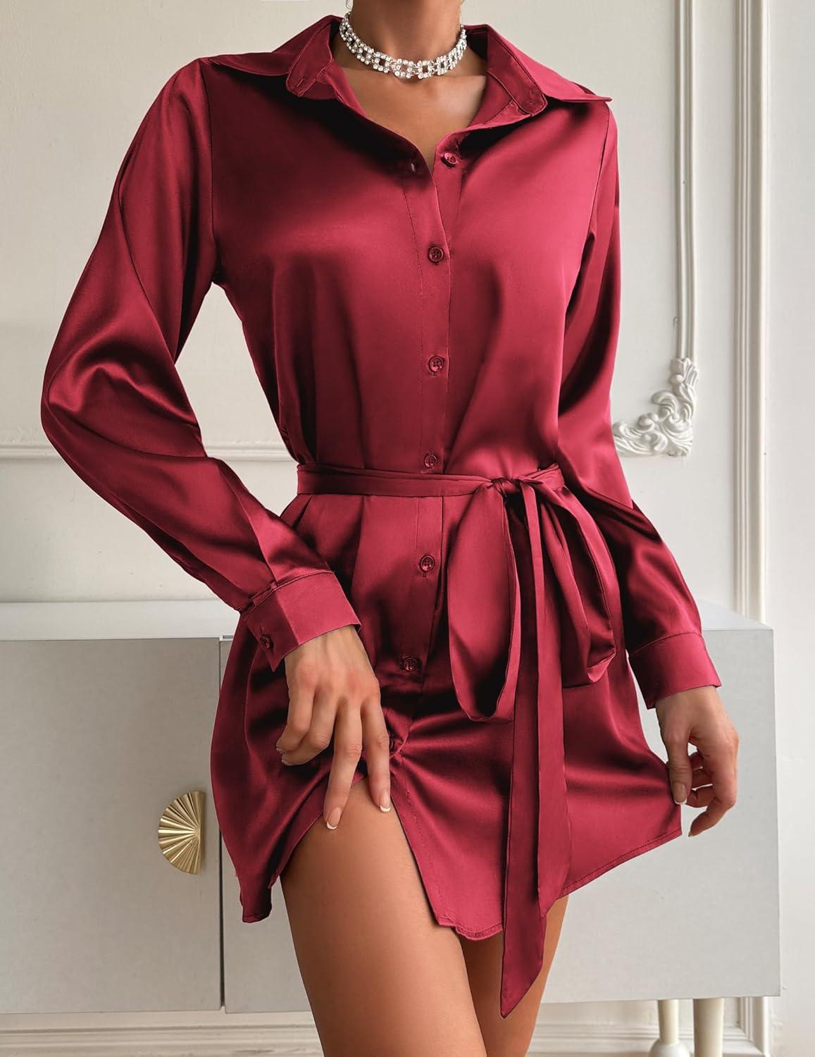 imageZeagoo Womens Stain Long Sleeve Dress Button Down Shirts Tunic Dresses Casual VNeck Mini Dress with BeltWine Red