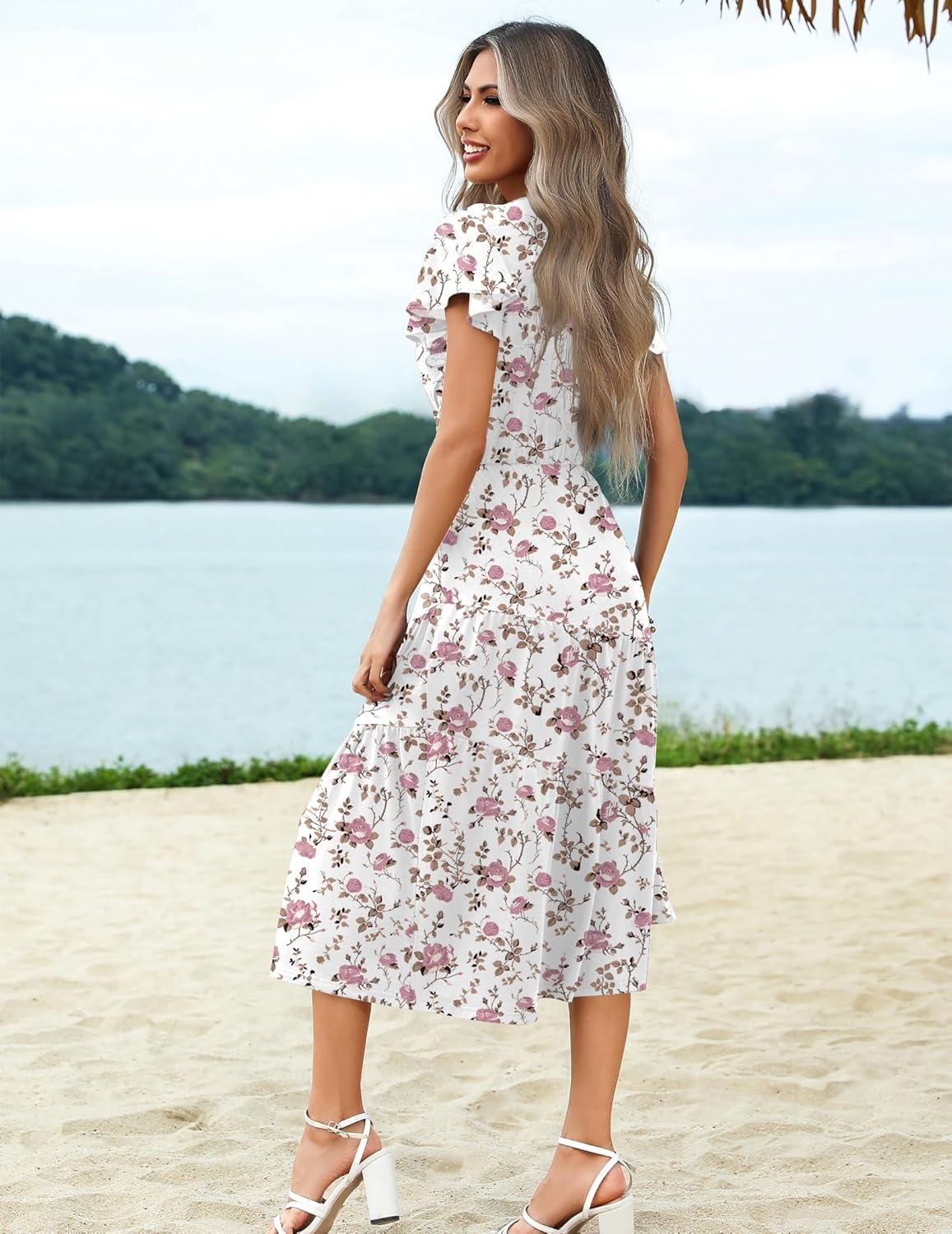 imageZeagoo Womens Summer Casual Dress Flutter Short Sleeve V Neck Button Down Tiered Flowy Long Dress with PocketsBf310