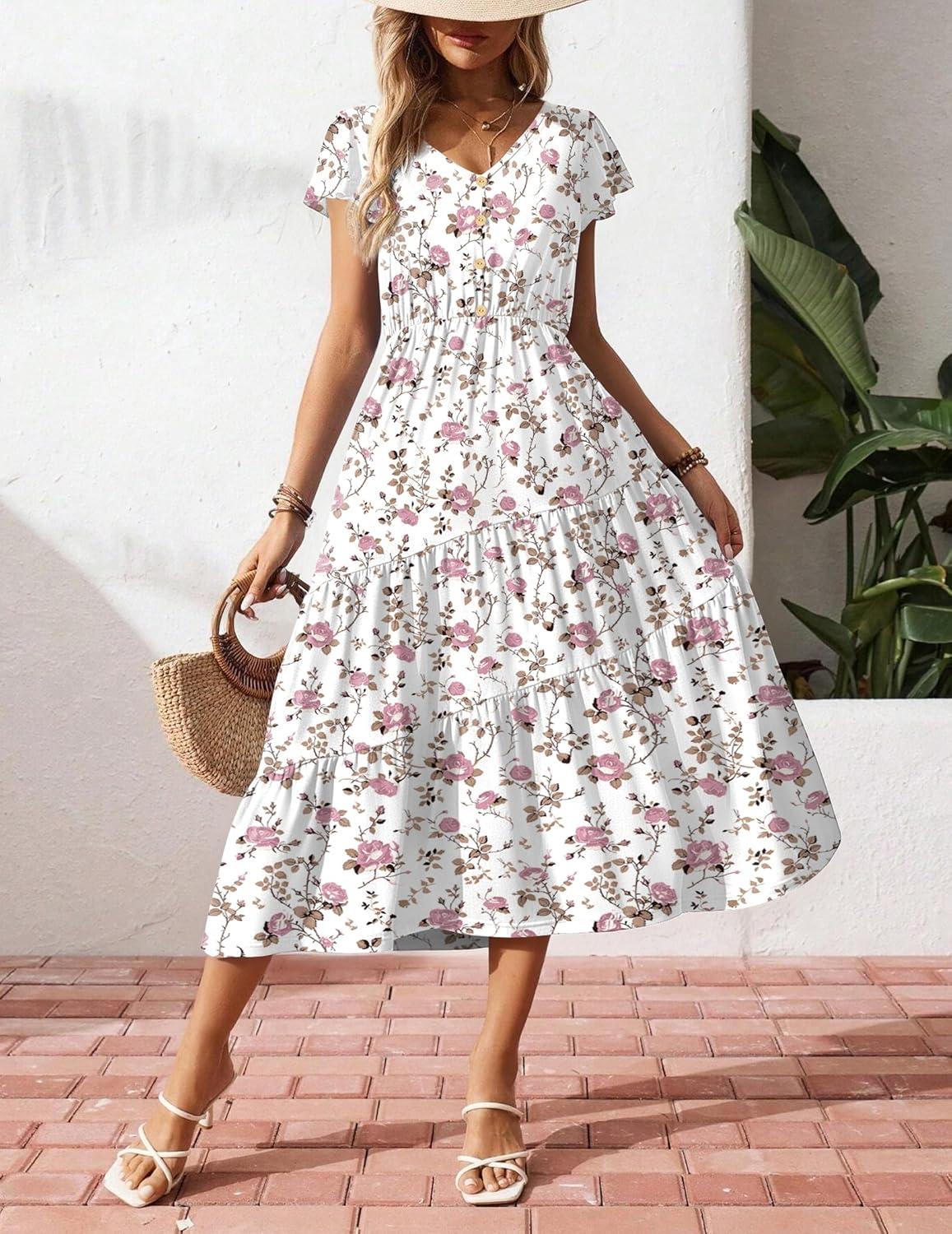 imageZeagoo Womens Summer Casual Dress Flutter Short Sleeve V Neck Button Down Tiered Flowy Long Dress with PocketsBf310