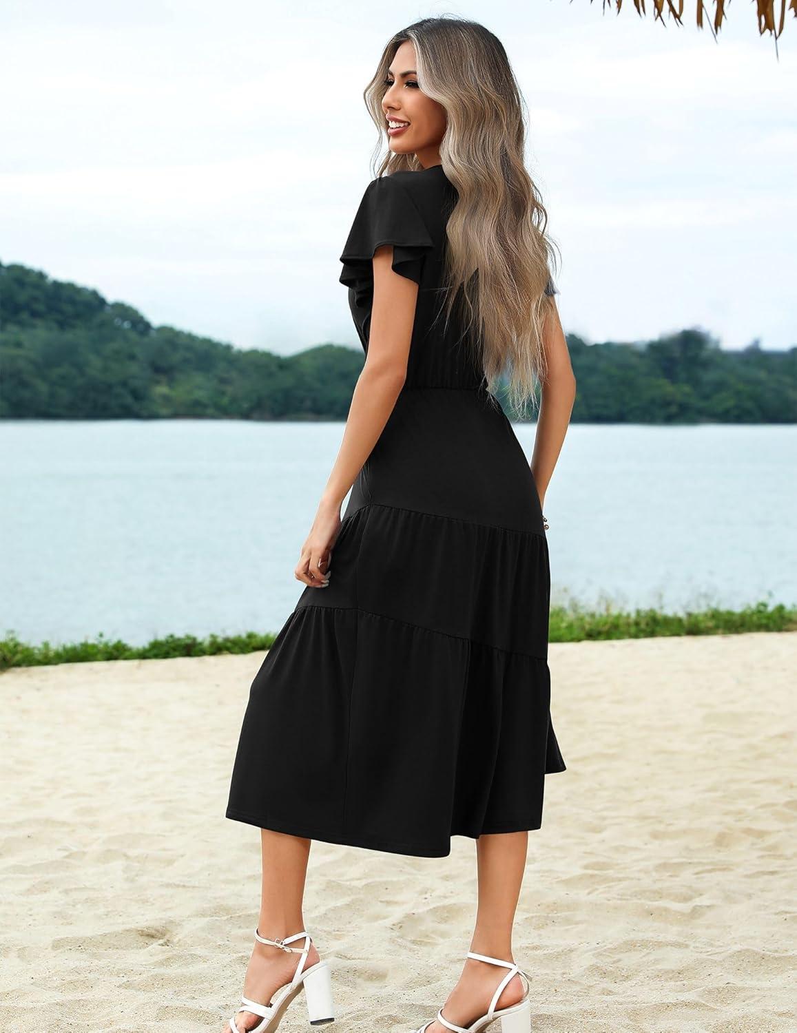 imageZeagoo Womens Summer Casual Dress Flutter Short Sleeve V Neck Button Down Tiered Flowy Long Dress with PocketsBlack
