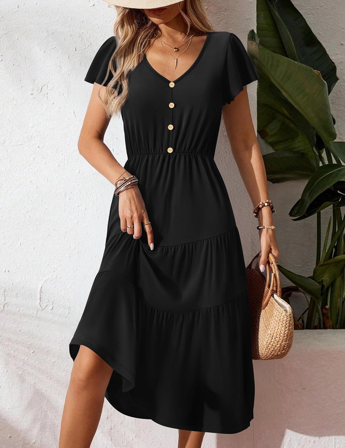 imageZeagoo Womens Summer Casual Dress Flutter Short Sleeve V Neck Button Down Tiered Flowy Long Dress with PocketsBlack