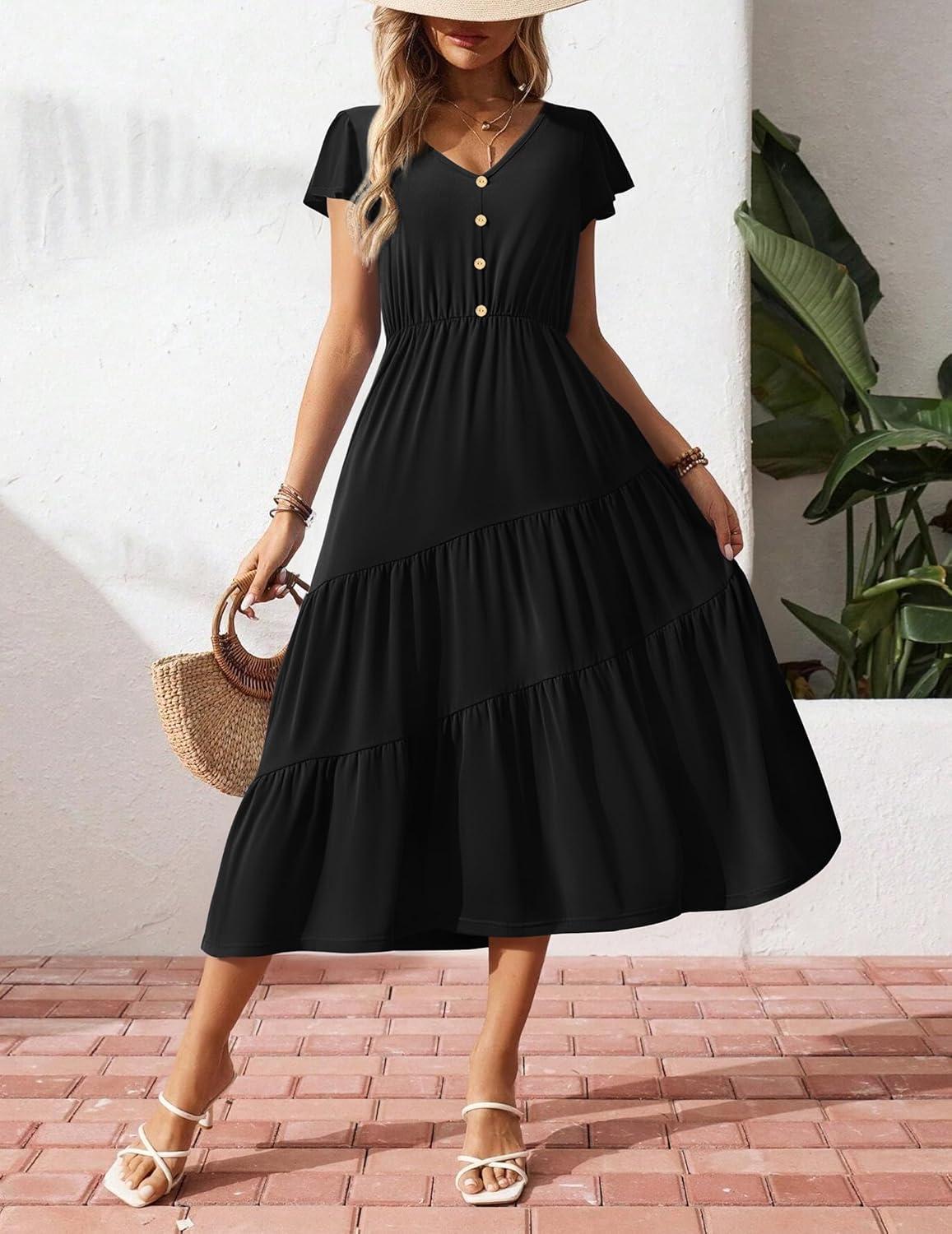 imageZeagoo Womens Summer Casual Dress Flutter Short Sleeve V Neck Button Down Tiered Flowy Long Dress with PocketsBlack