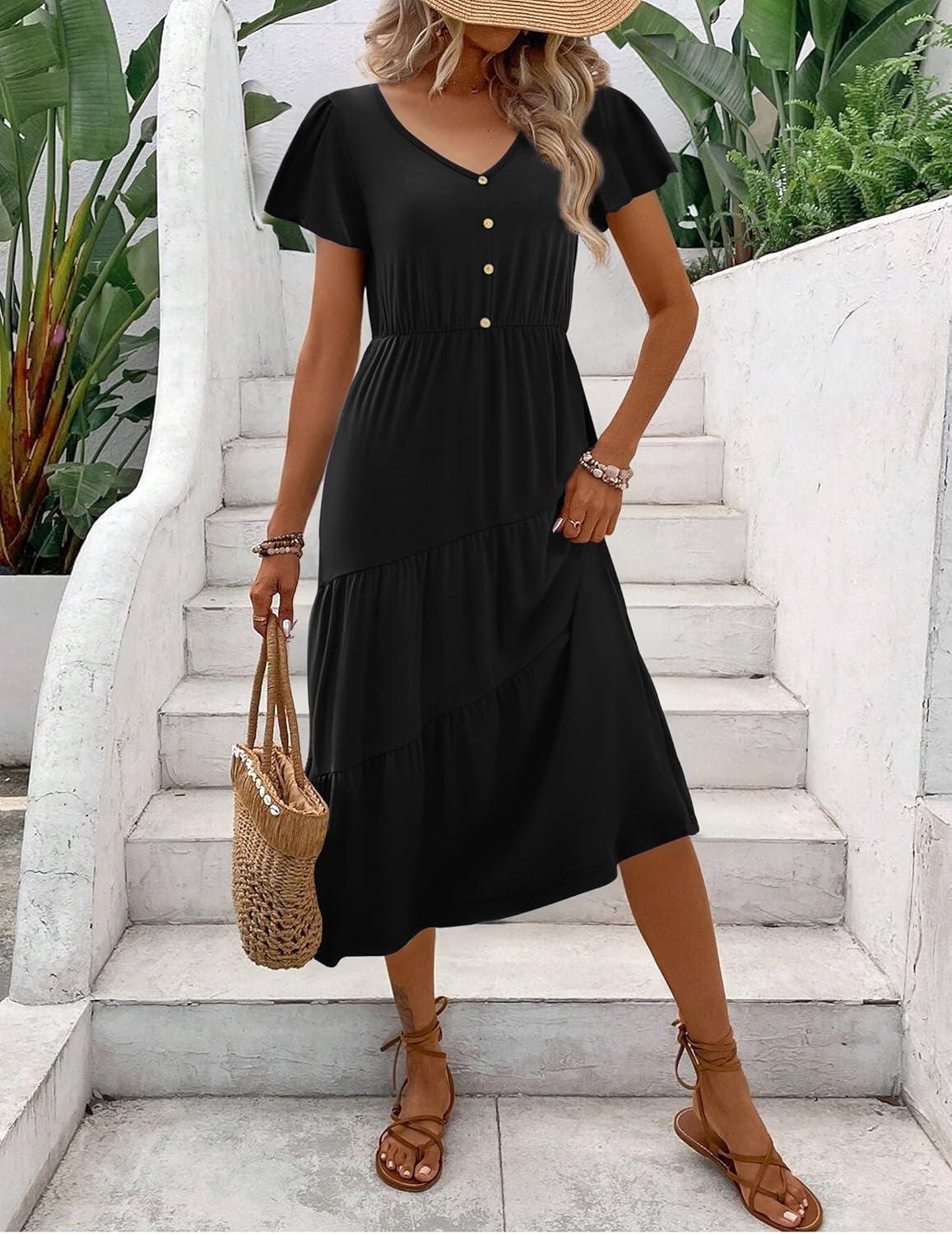 imageZeagoo Womens Summer Casual Dress Flutter Short Sleeve V Neck Button Down Tiered Flowy Long Dress with PocketsBlack