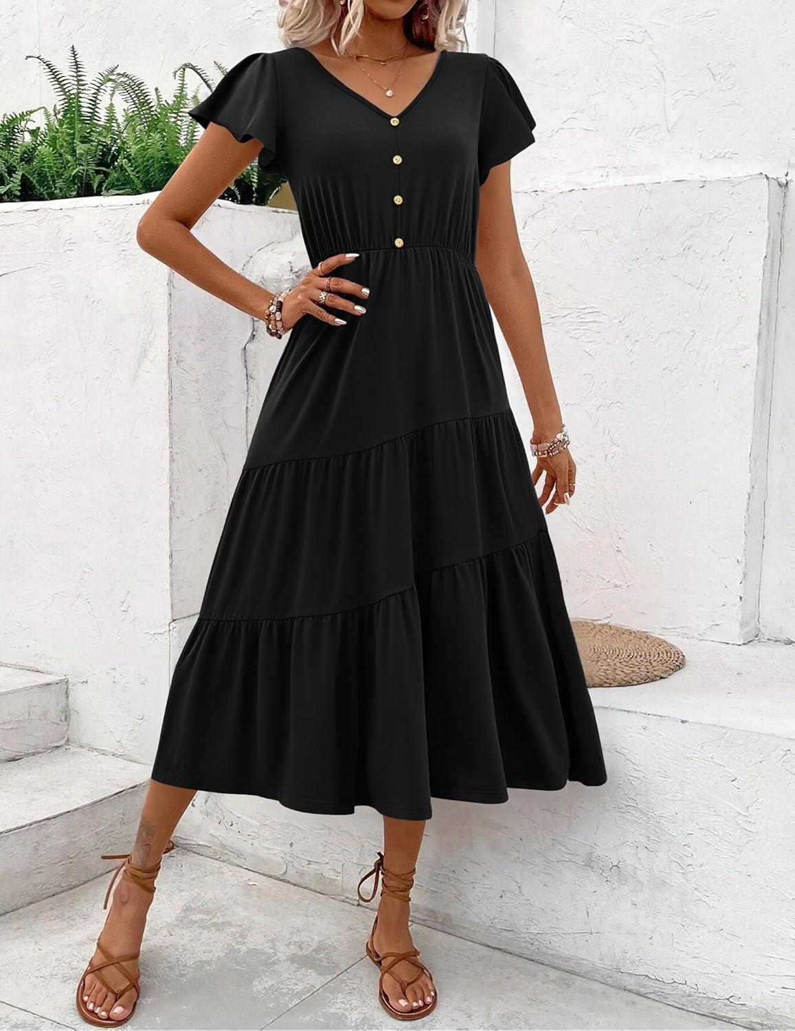 imageZeagoo Womens Summer Casual Dress Flutter Short Sleeve V Neck Button Down Tiered Flowy Long Dress with PocketsBlack
