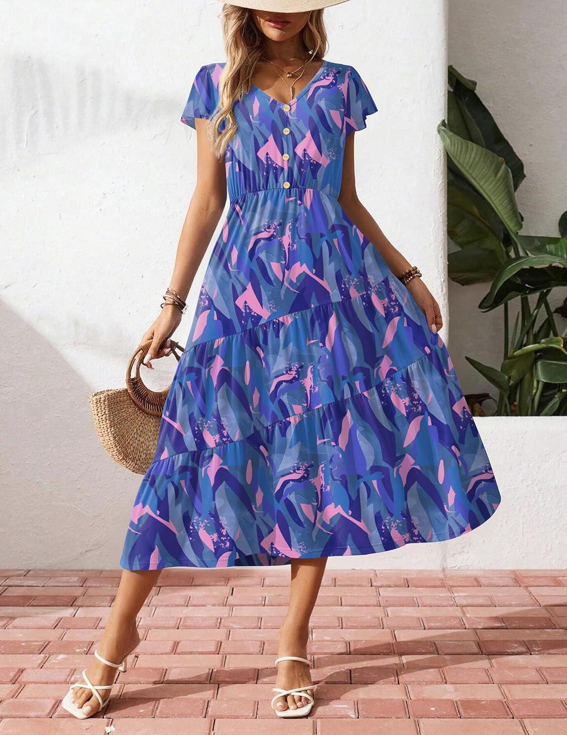 imageZeagoo Womens Summer Casual Dress Flutter Short Sleeve V Neck Button Down Tiered Flowy Long Dress with PocketsBlue Floral