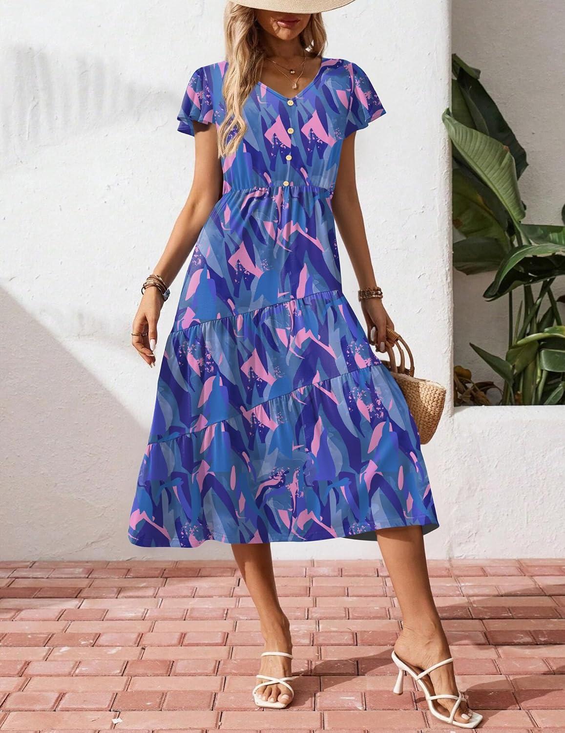 imageZeagoo Womens Summer Casual Dress Flutter Short Sleeve V Neck Button Down Tiered Flowy Long Dress with PocketsBlue Floral
