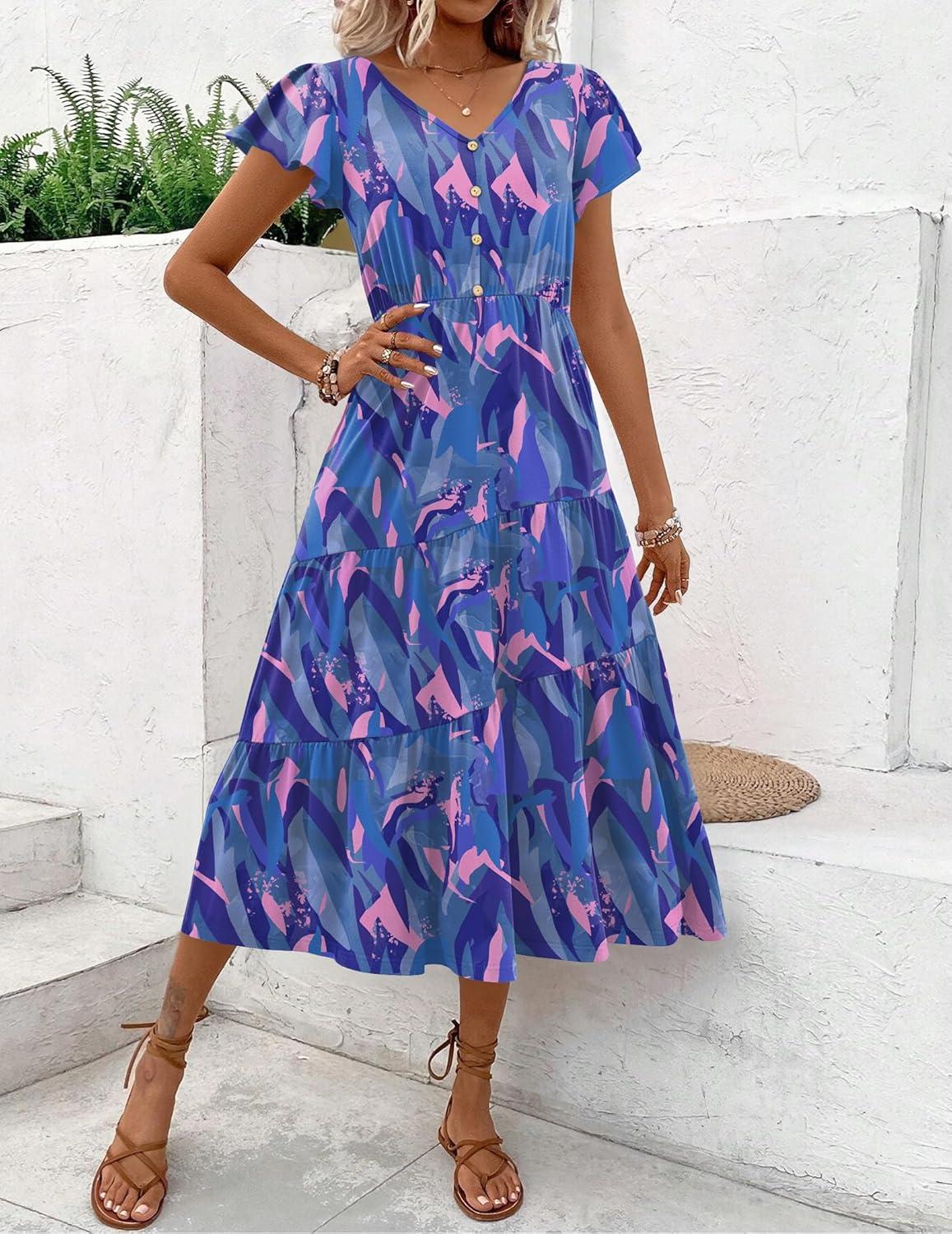 imageZeagoo Womens Summer Casual Dress Flutter Short Sleeve V Neck Button Down Tiered Flowy Long Dress with PocketsBlue Floral