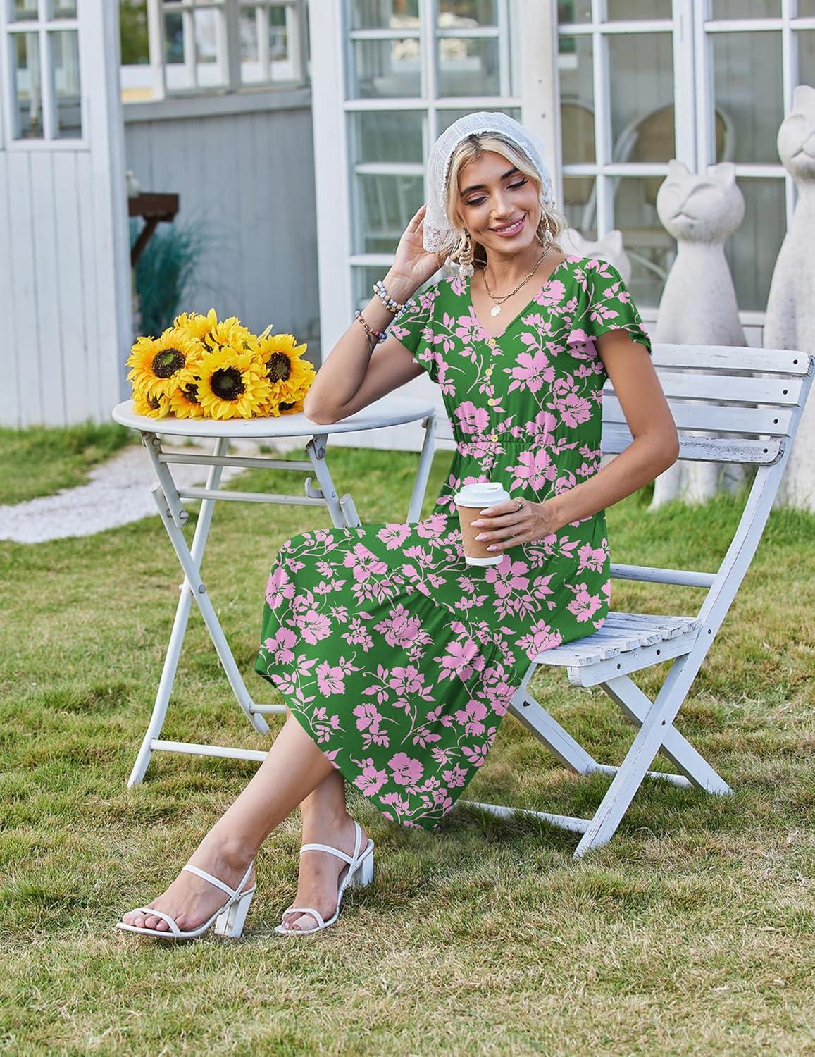 imageZeagoo Womens Summer Casual Dress Flutter Short Sleeve V Neck Button Down Tiered Flowy Long Dress with PocketsDh594