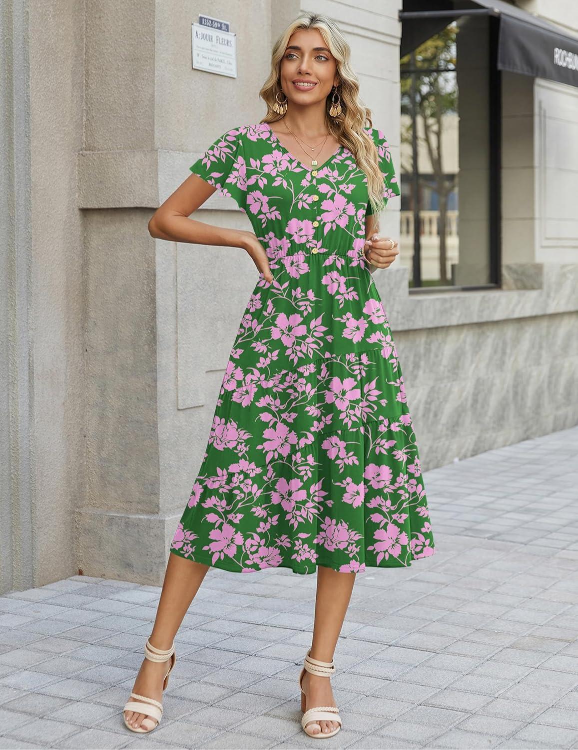 imageZeagoo Womens Summer Casual Dress Flutter Short Sleeve V Neck Button Down Tiered Flowy Long Dress with PocketsDh594