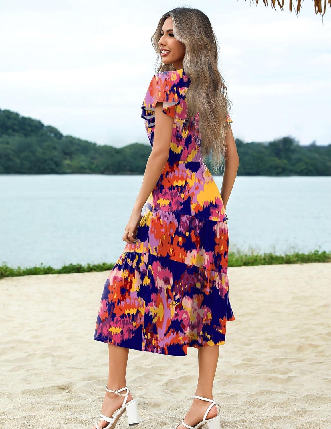 imageZeagoo Womens Summer Casual Dress Flutter Short Sleeve V Neck Button Down Tiered Flowy Long Dress with PocketsFloral1