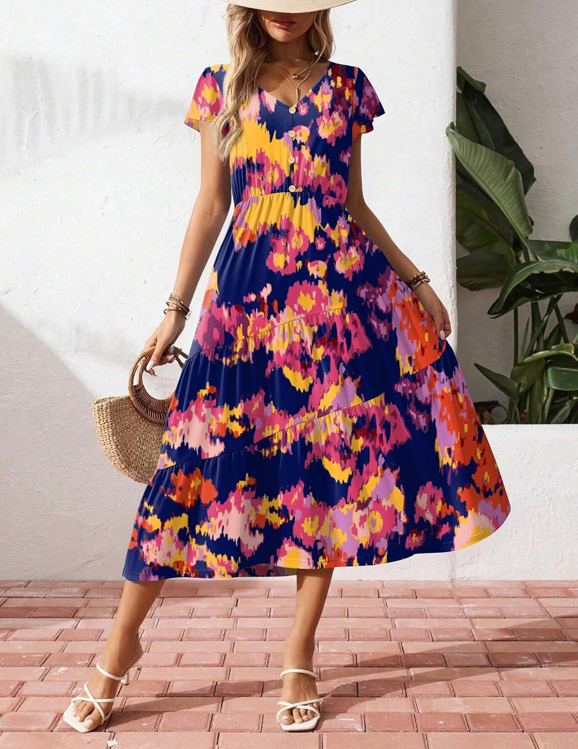 imageZeagoo Womens Summer Casual Dress Flutter Short Sleeve V Neck Button Down Tiered Flowy Long Dress with PocketsFloral1